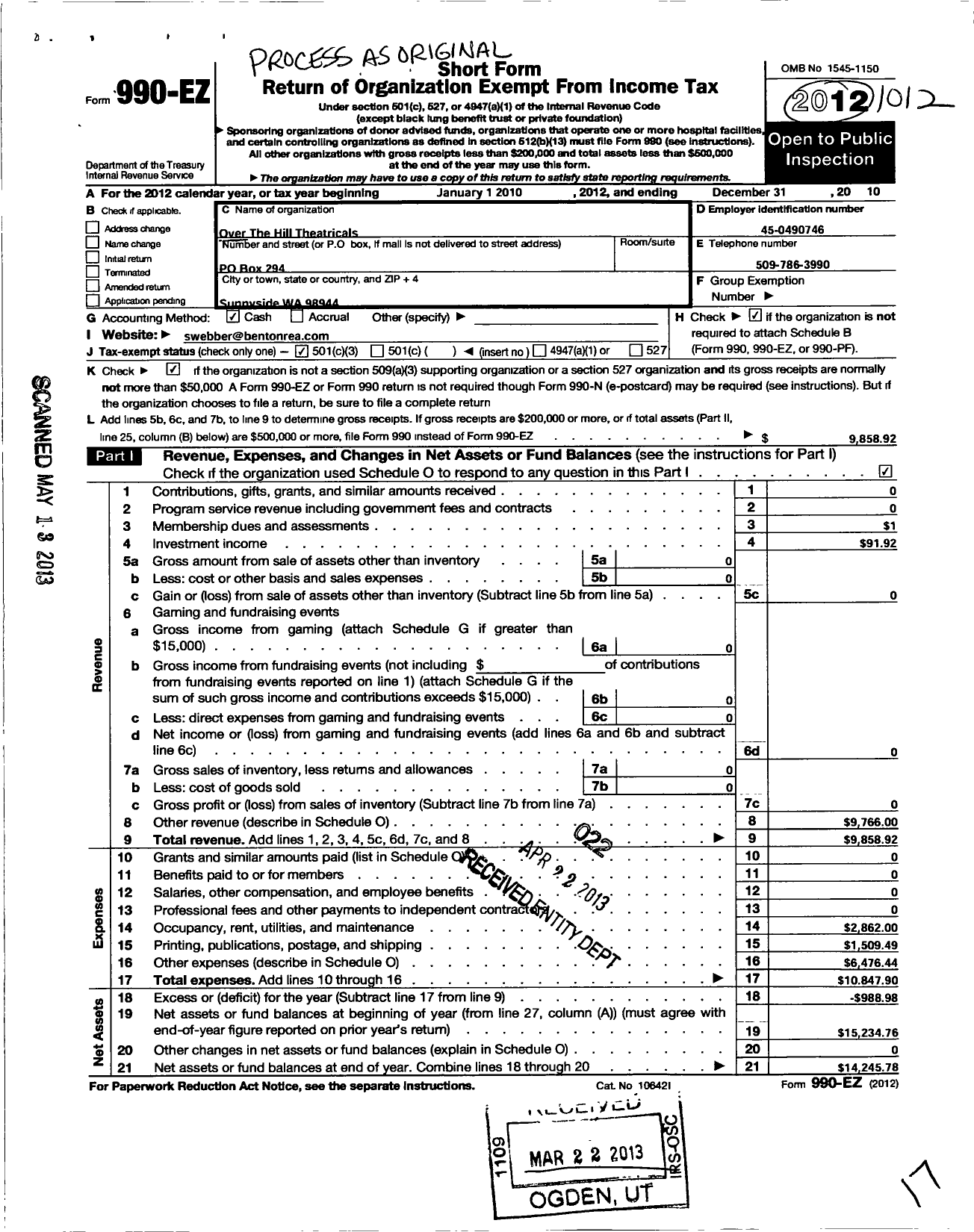 Image of first page of 2012 Form 990EZ for Over the Hill Theatricals