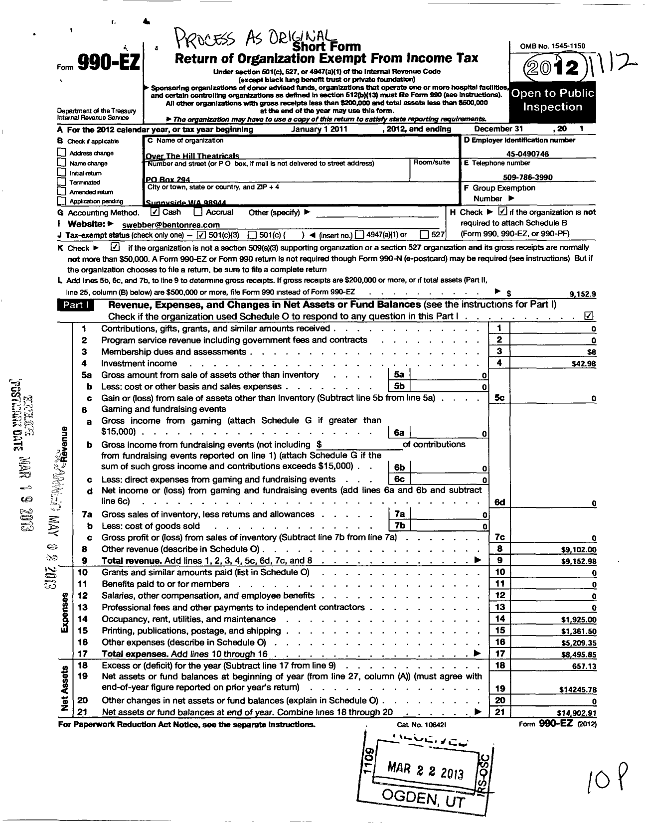 Image of first page of 2011 Form 990EZ for Over the Hill Theatricals