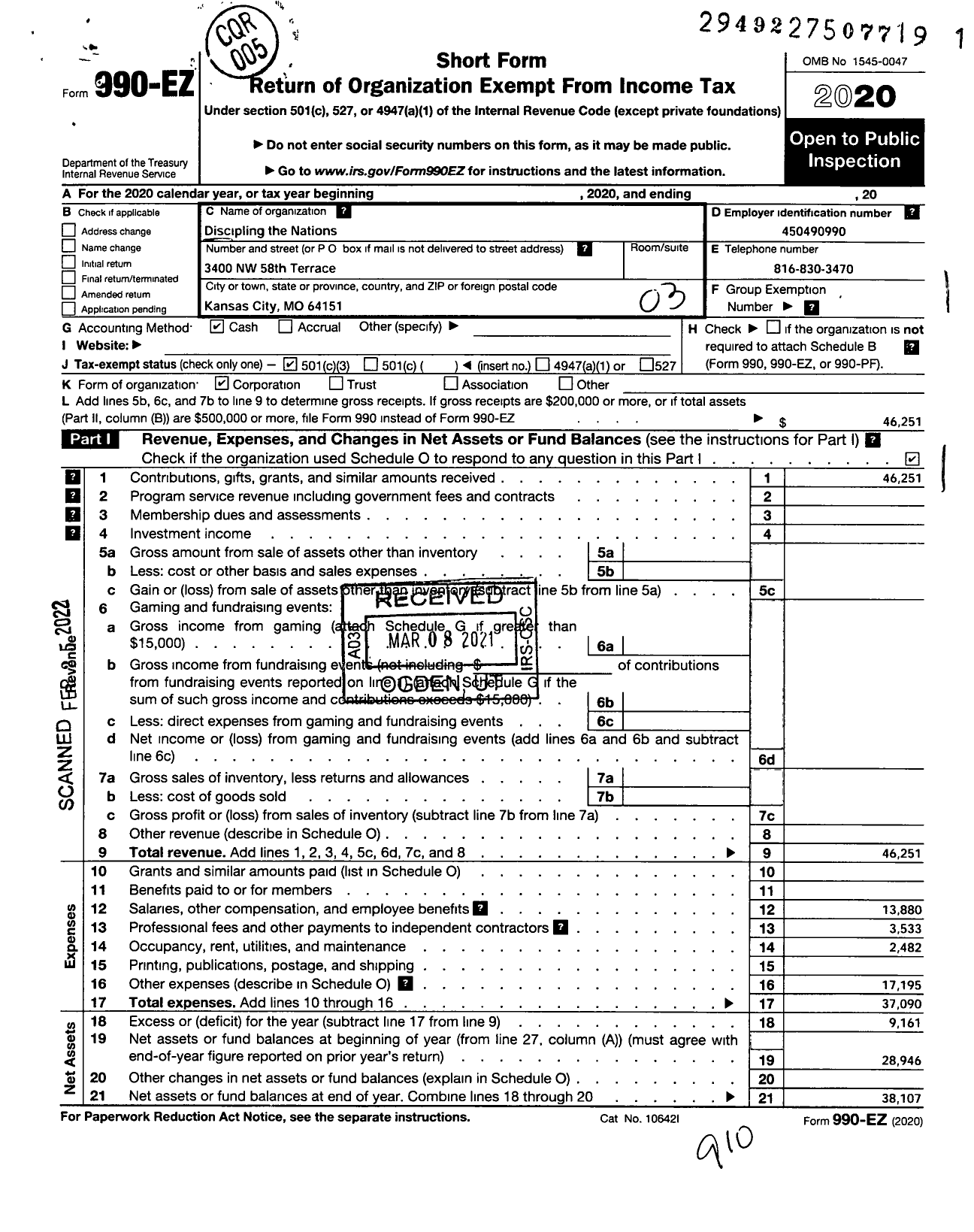 Image of first page of 2020 Form 990EZ for Discipling the Nations