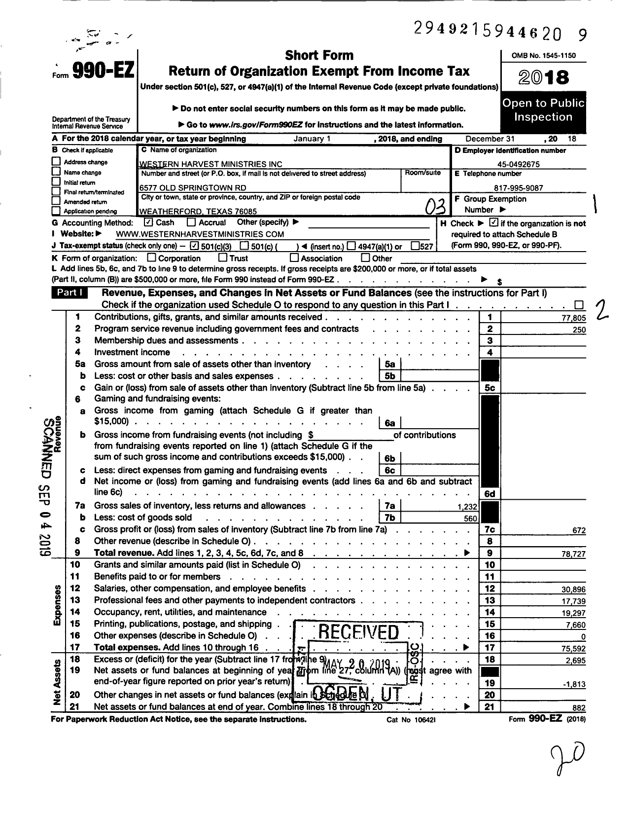 Image of first page of 2018 Form 990EZ for Western Harvest Ministries