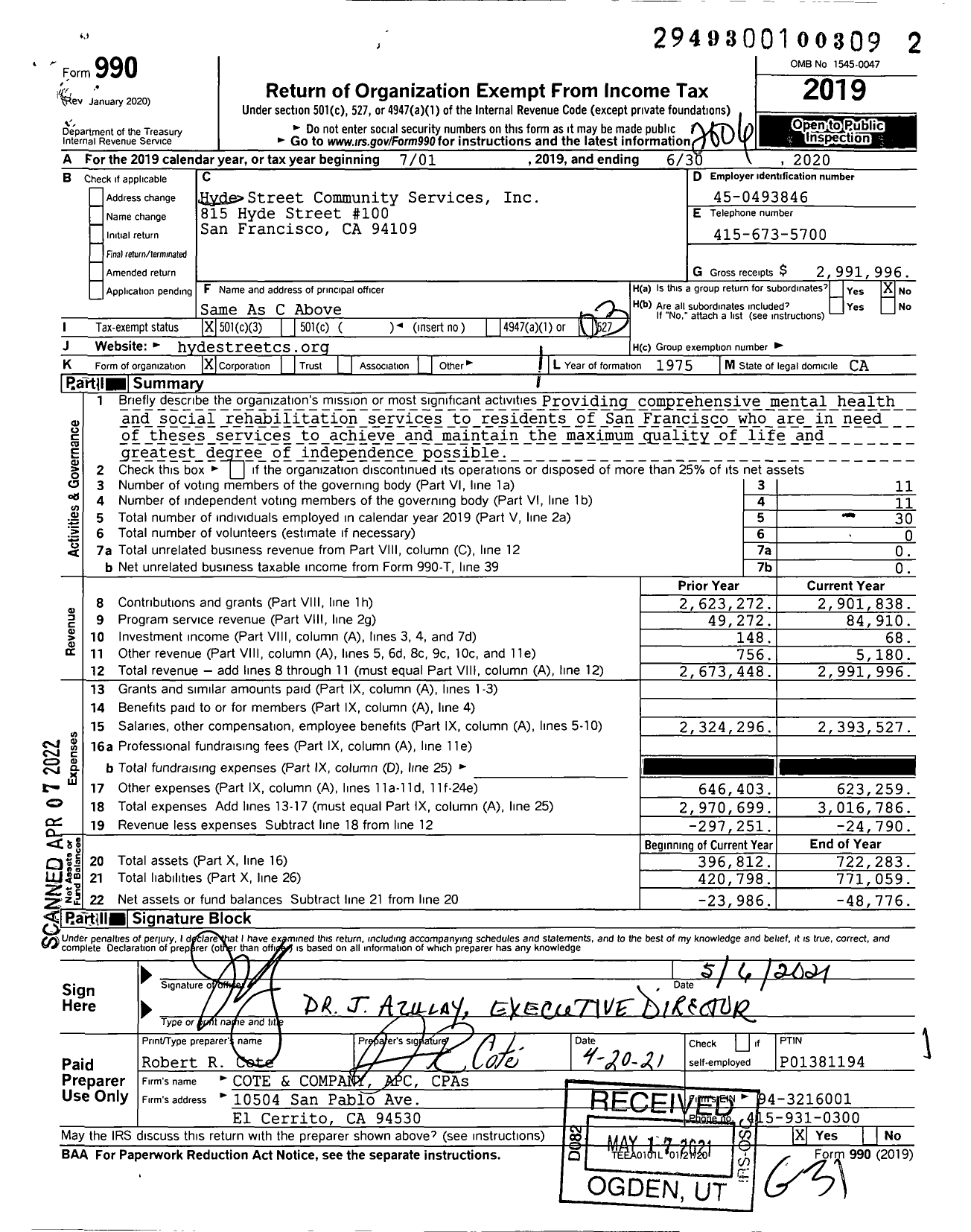 Image of first page of 2019 Form 990 for Hyde Street Community Services (HSCS)