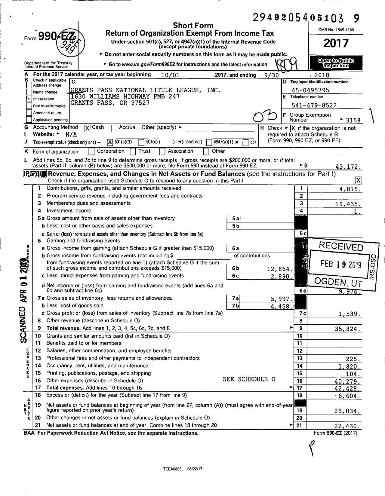 Image of first page of 2017 Form 990EZ for Little League Baseball - 127570 Grants Pass National LL