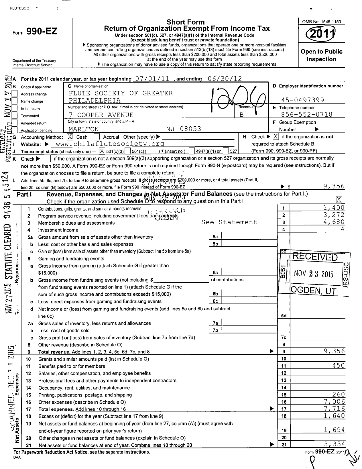 Image of first page of 2011 Form 990EZ for Flute Society of Greater Philadelphia