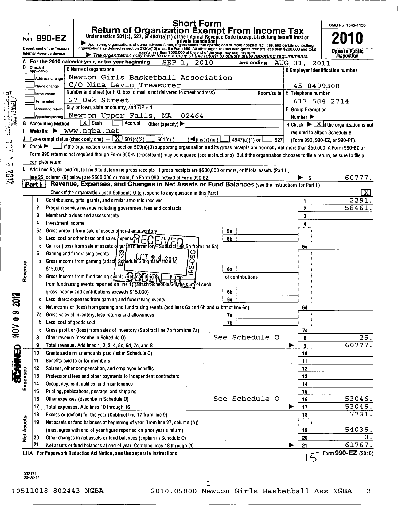 Image of first page of 2010 Form 990EZ for Newton Girls Basketball Association