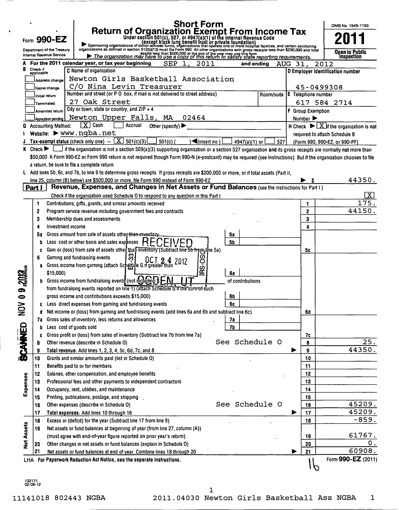 Image of first page of 2011 Form 990EZ for Newton Girls Basketball Association