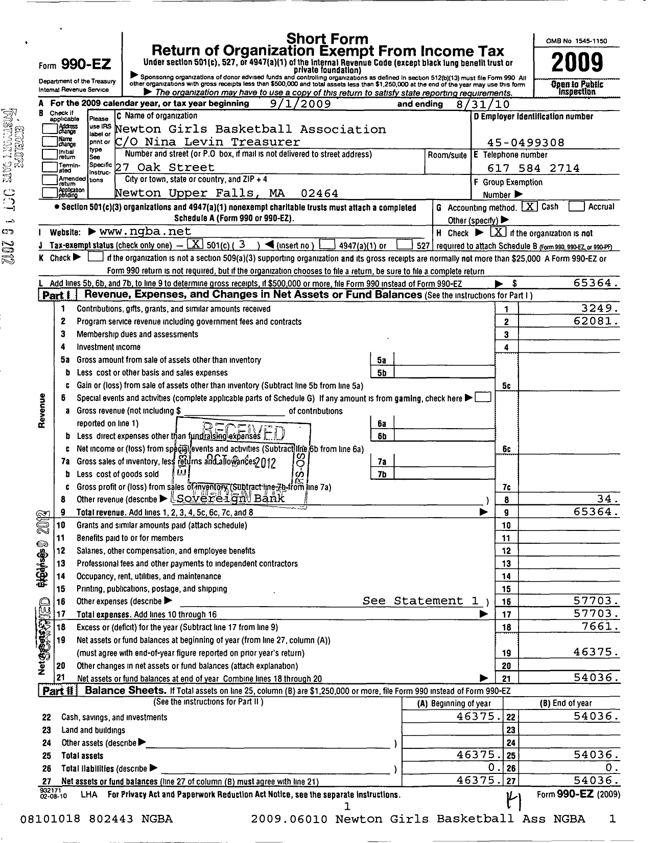 Image of first page of 2009 Form 990EZ for Newton Girls Basketball Association