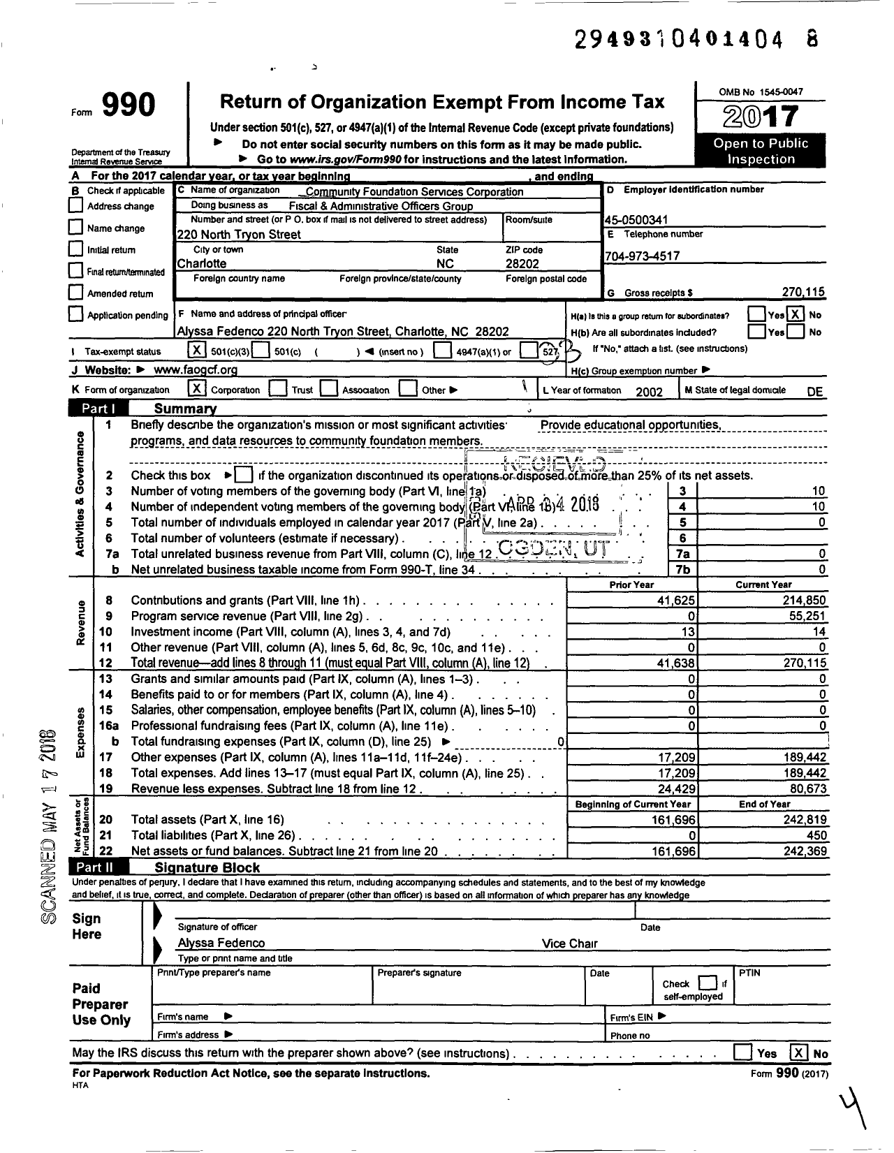 Image of first page of 2017 Form 990 for Fiscal & Administrators Officers Group