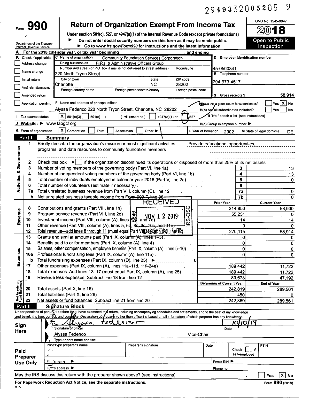 Image of first page of 2018 Form 990 for Fiscal & Administrators Officers Group