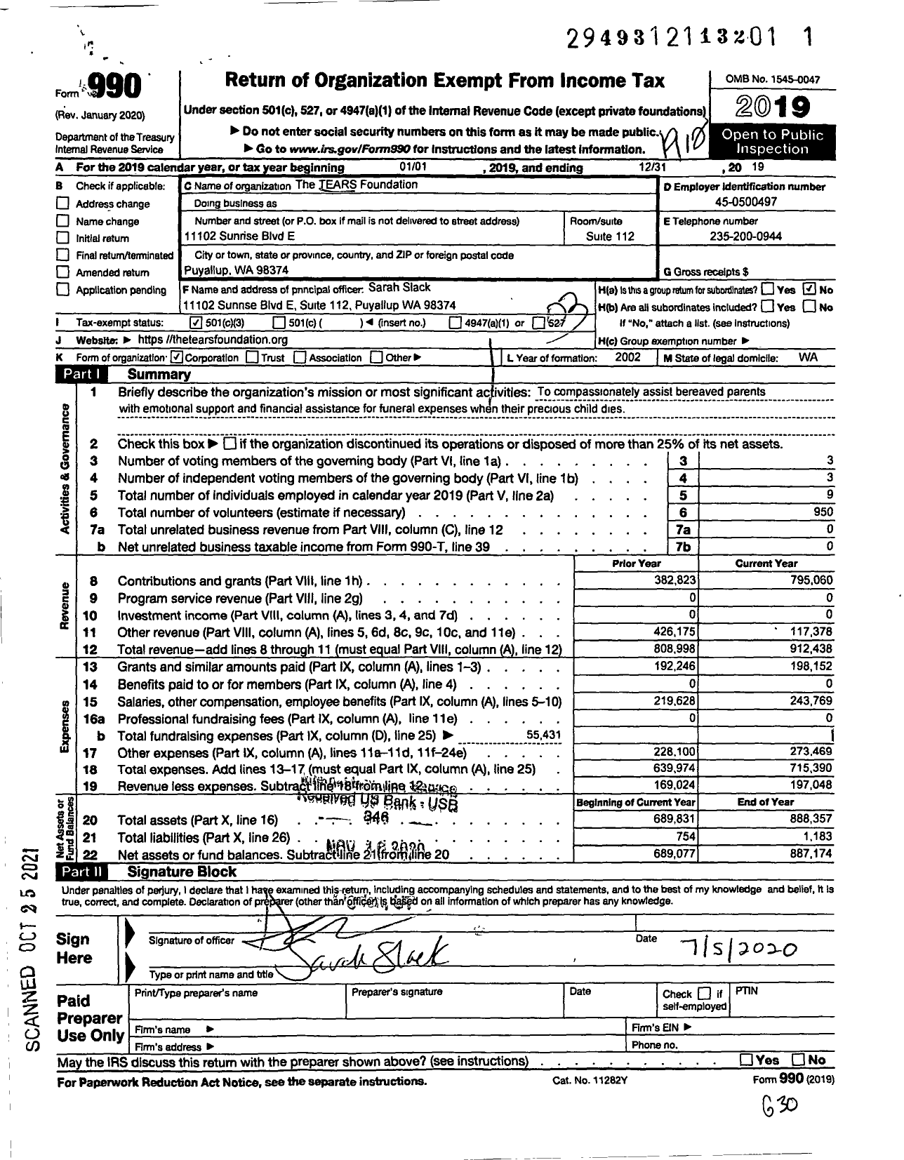 Image of first page of 2019 Form 990 for The Tears Foundation