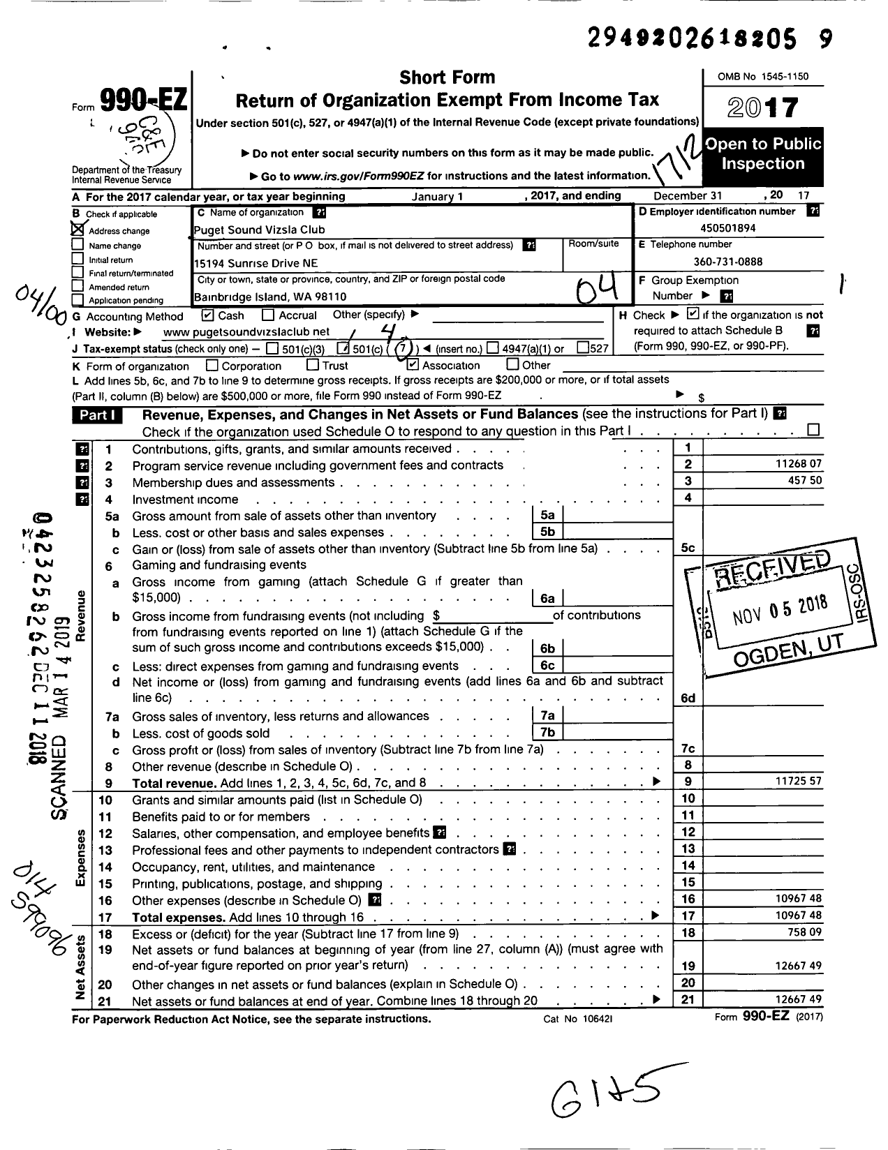 Image of first page of 2017 Form 990EO for Puget Sound Vizsla Club