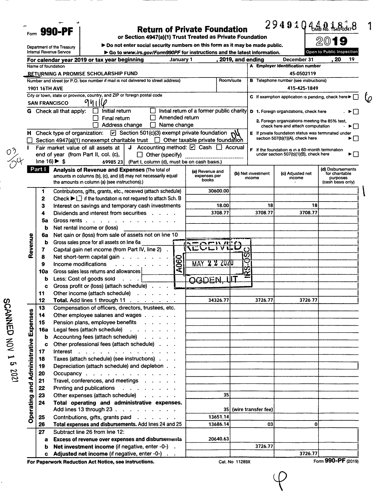 Image of first page of 2019 Form 990PF for Returning A Promise Scholarship Fund