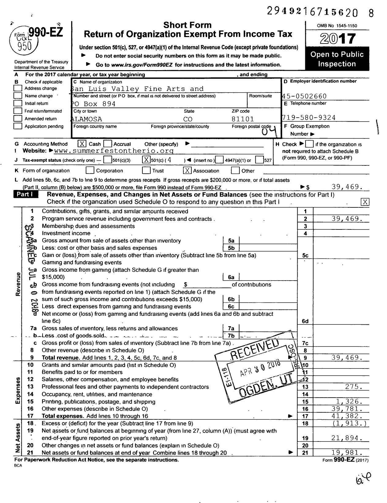 Image of first page of 2017 Form 990EO for San Luis Valley Fine Arts and Entertainment Committee