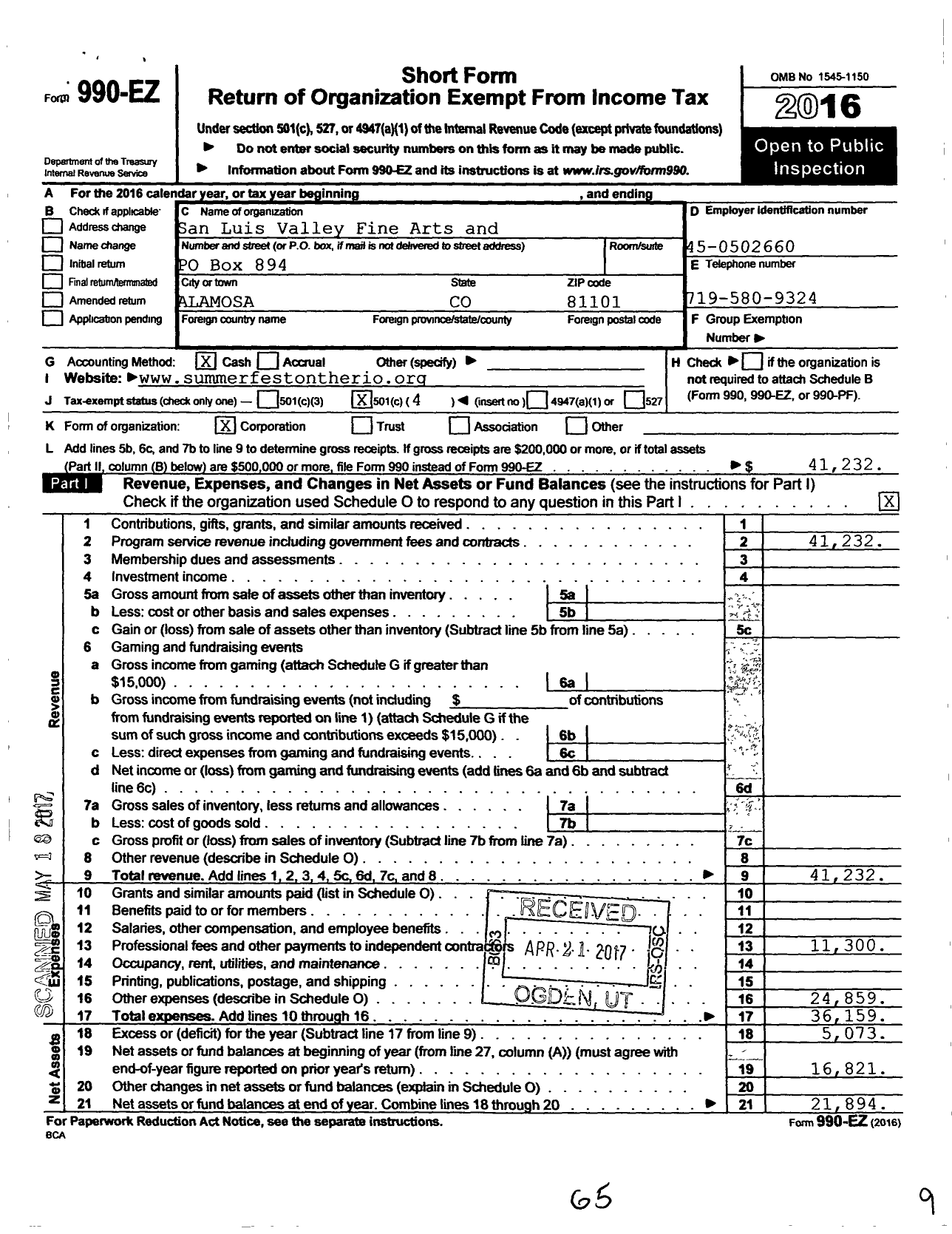 Image of first page of 2016 Form 990EO for San Luis Valley Fine Arts and Entertainment Committee