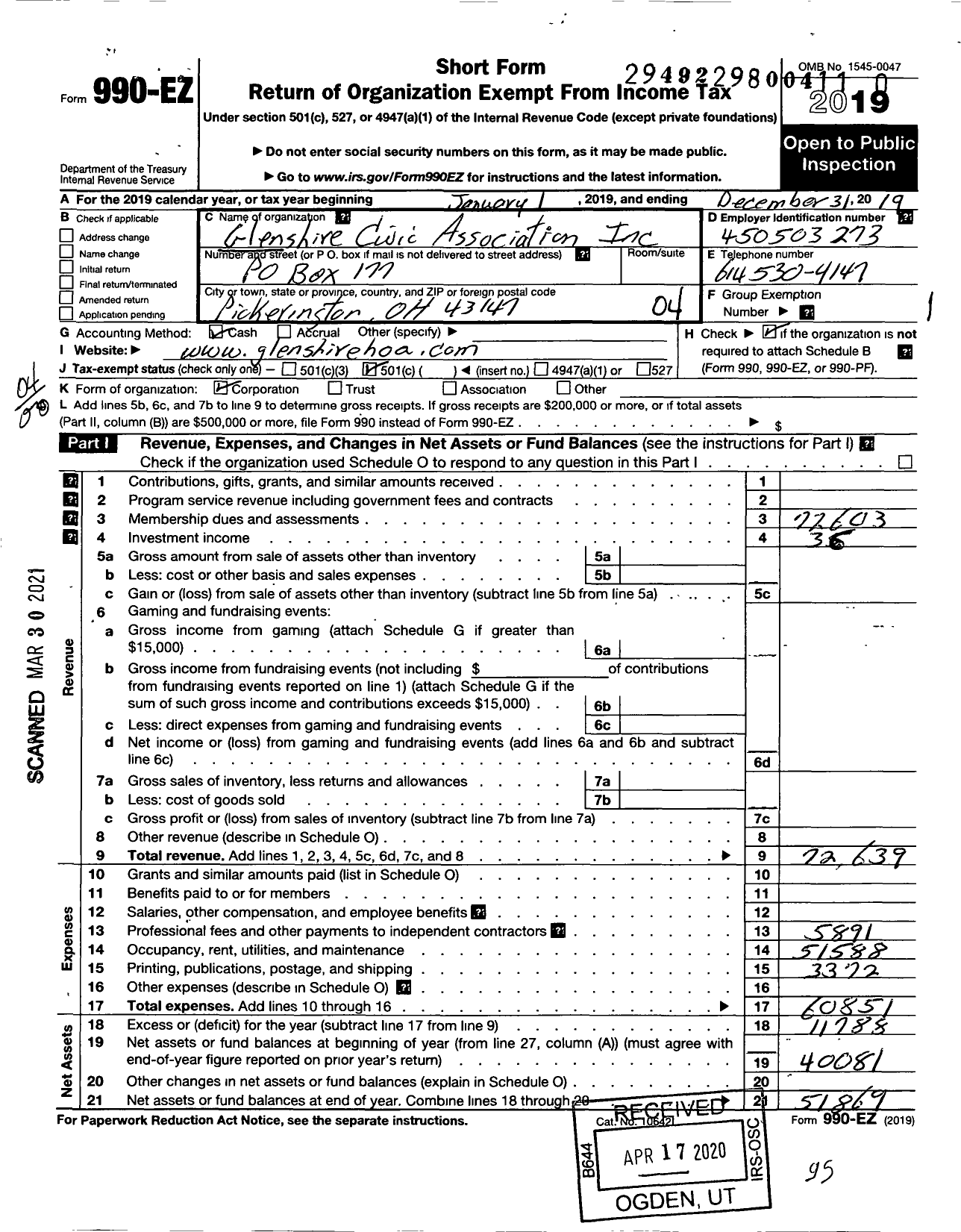 Image of first page of 2019 Form 990EO for Glenshire Civic Association