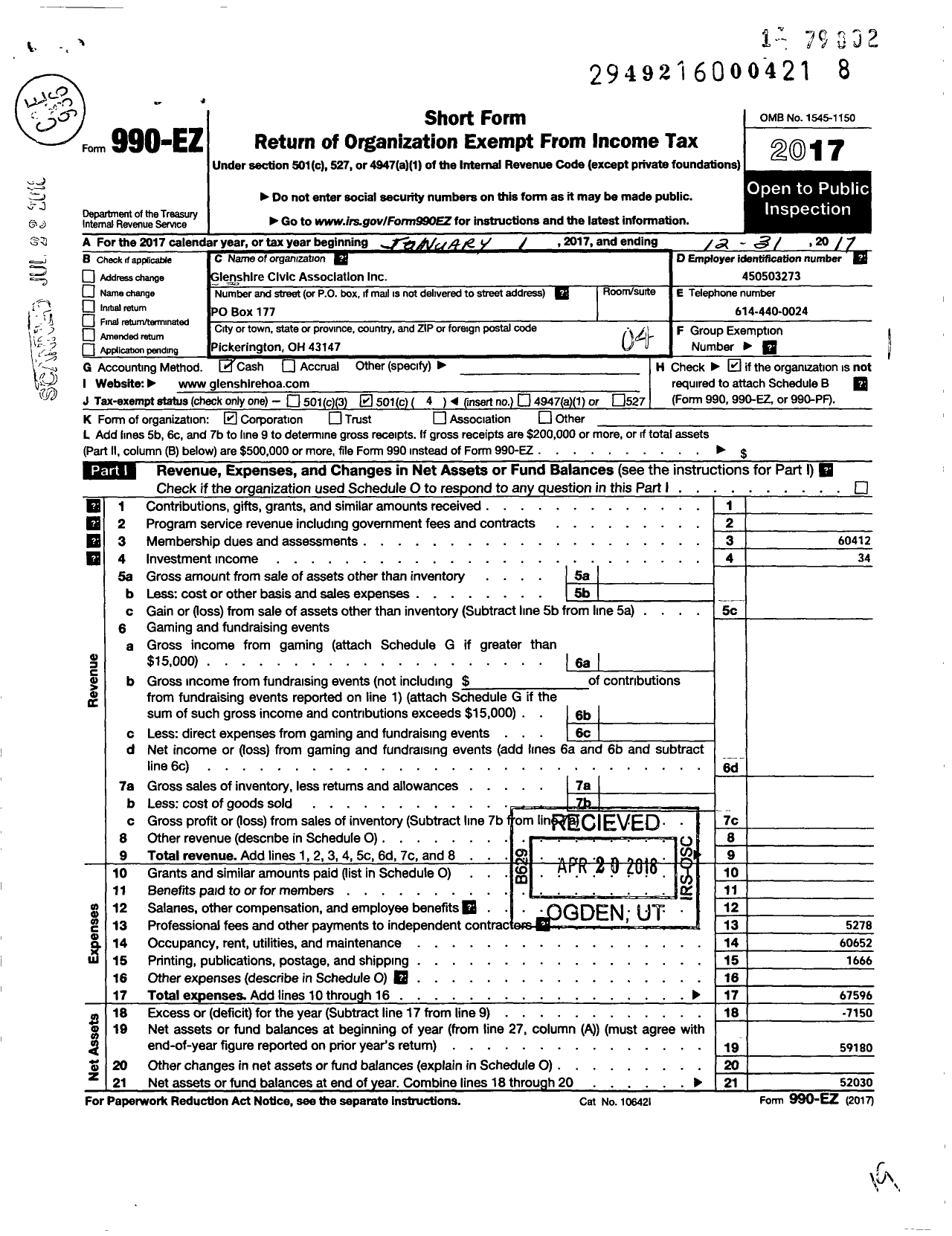 Image of first page of 2017 Form 990EO for Glenshire Civic Association