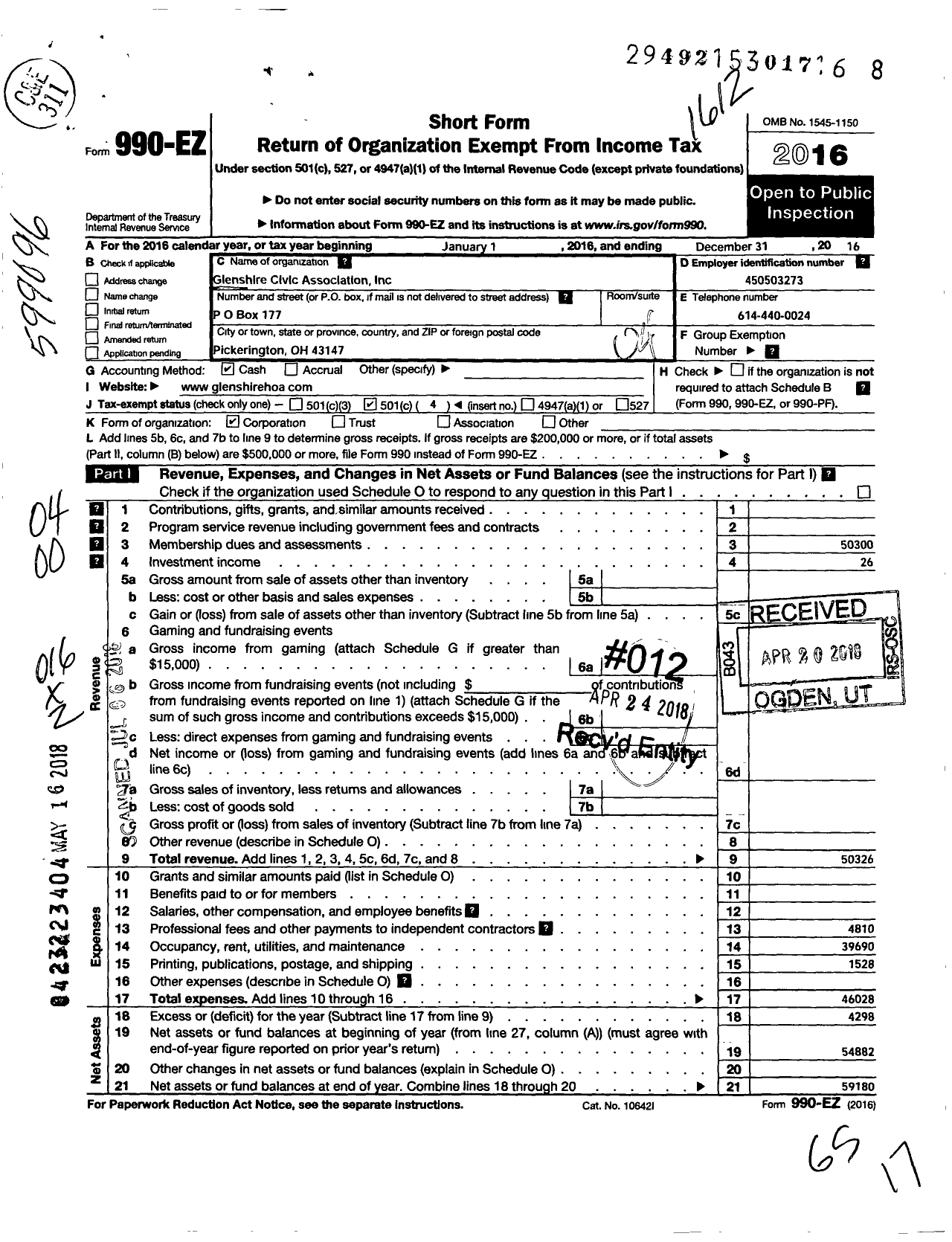 Image of first page of 2016 Form 990EO for Glenshire Civic Association