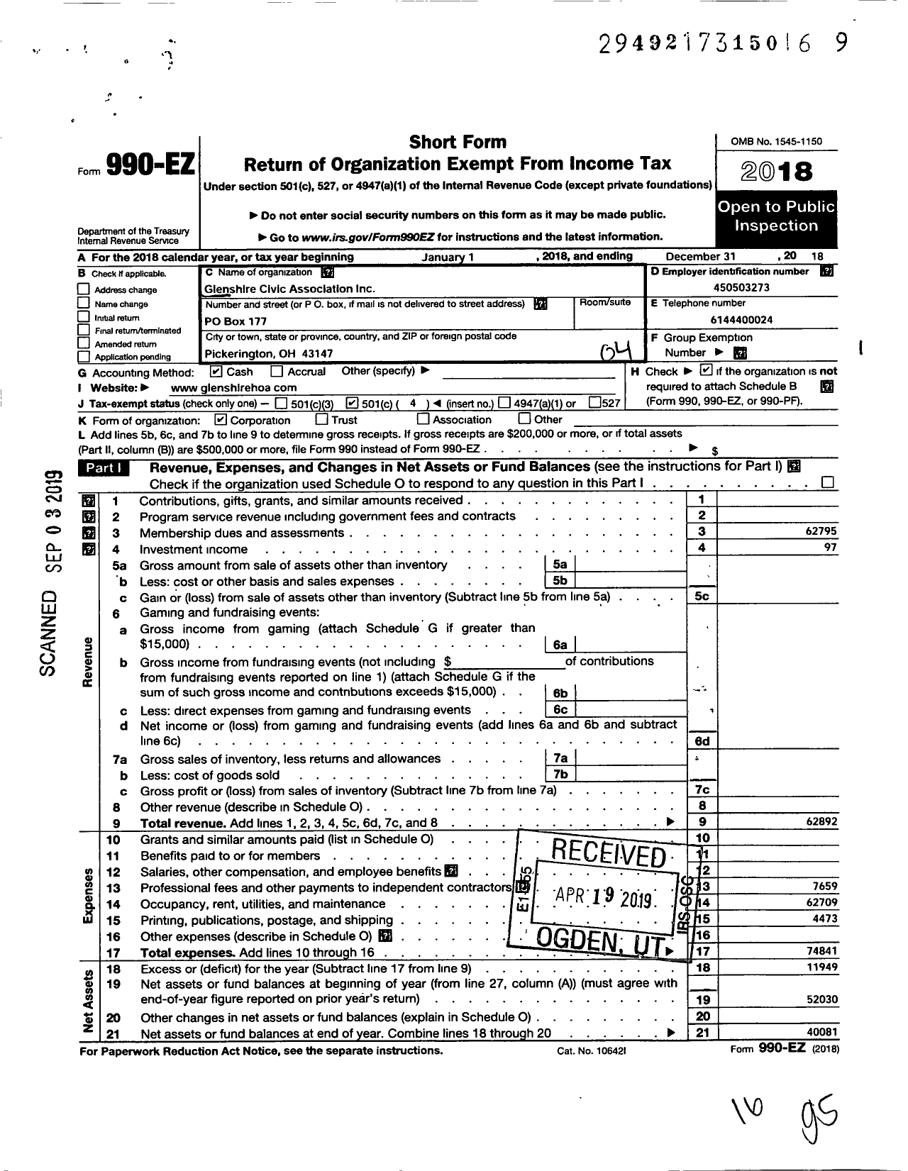 Image of first page of 2018 Form 990EO for Glenshire Civic Association