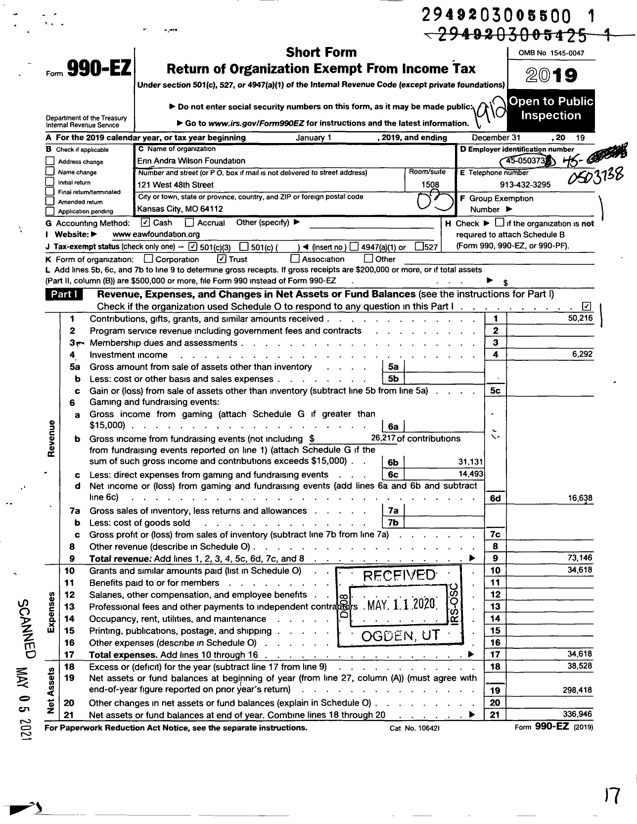 Image of first page of 2019 Form 990EZ for Erin Andra Wilson Foundatoin