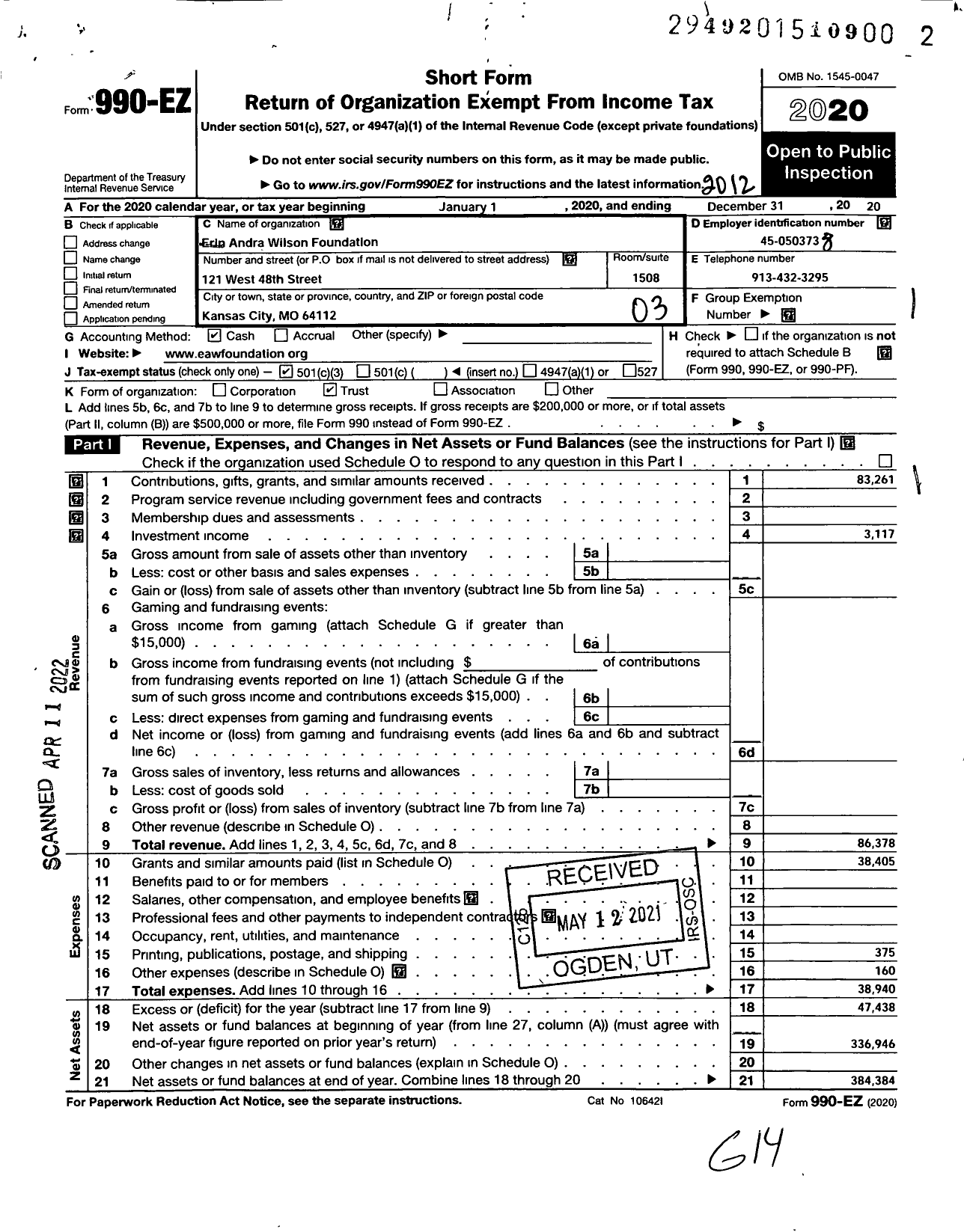 Image of first page of 2020 Form 990EZ for Erin Andra Wilson Foundatoin