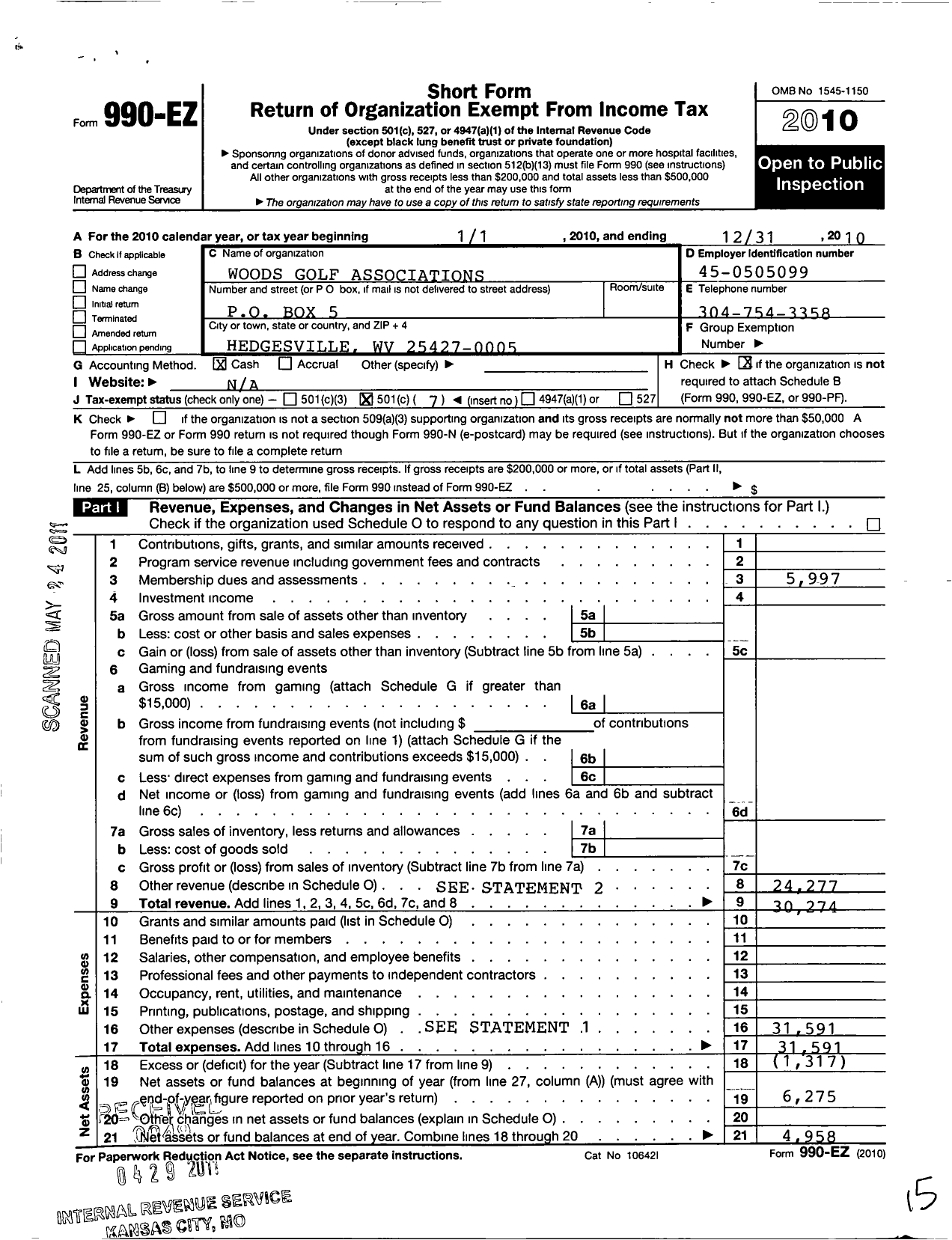 Image of first page of 2010 Form 990EO for Woods Golf Associations