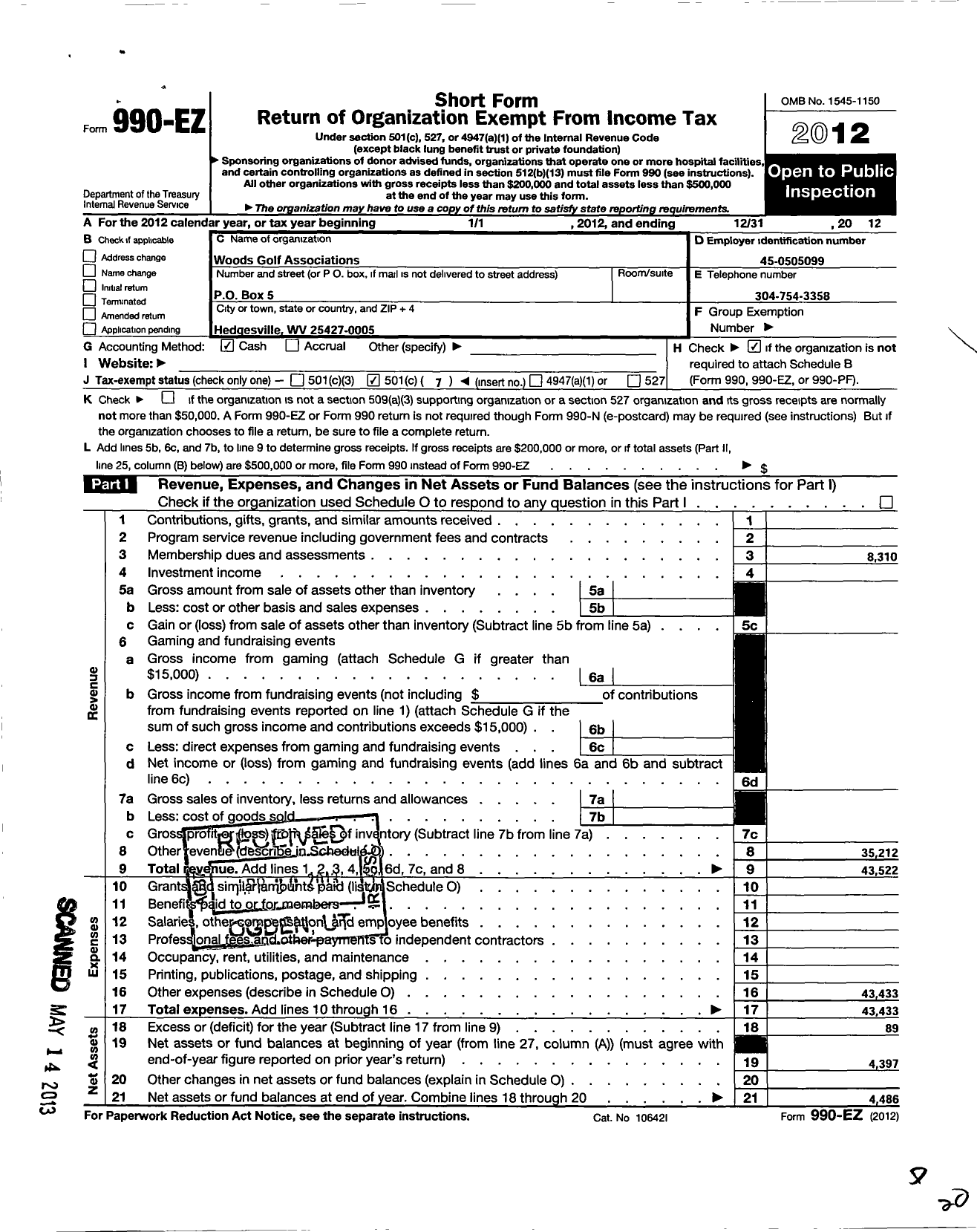 Image of first page of 2012 Form 990EO for Woods Golf Associations