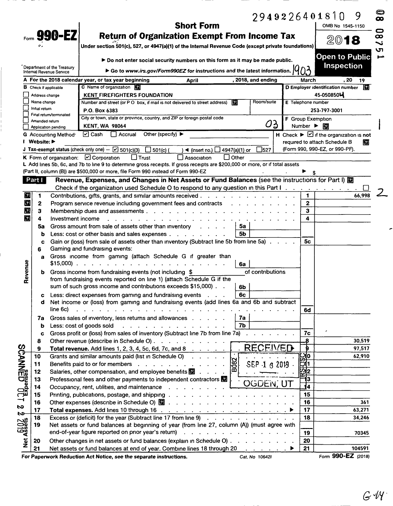 Image of first page of 2018 Form 990EZ for Kent Firefighters Foundation