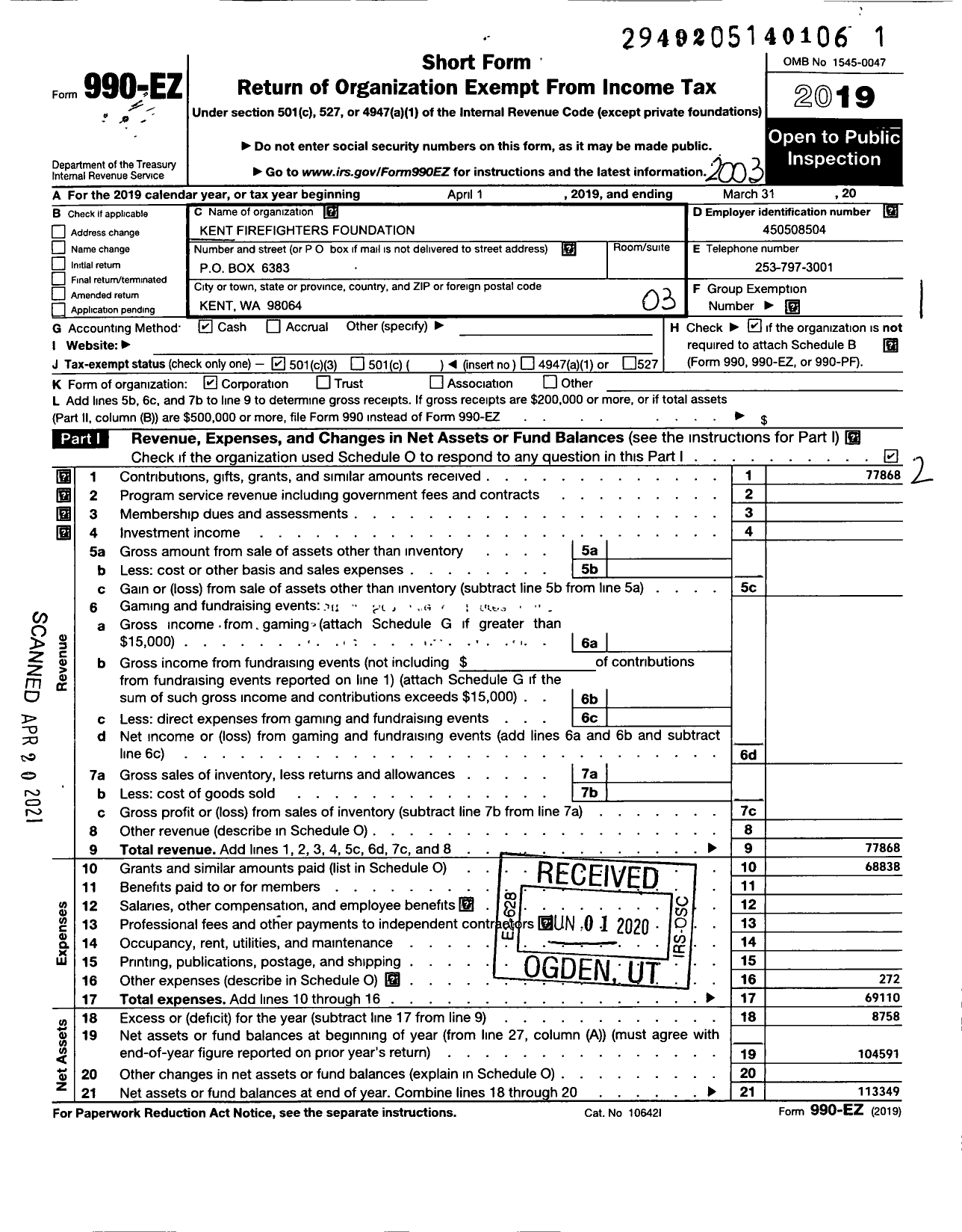 Image of first page of 2019 Form 990EZ for Kent Firefighters Foundation