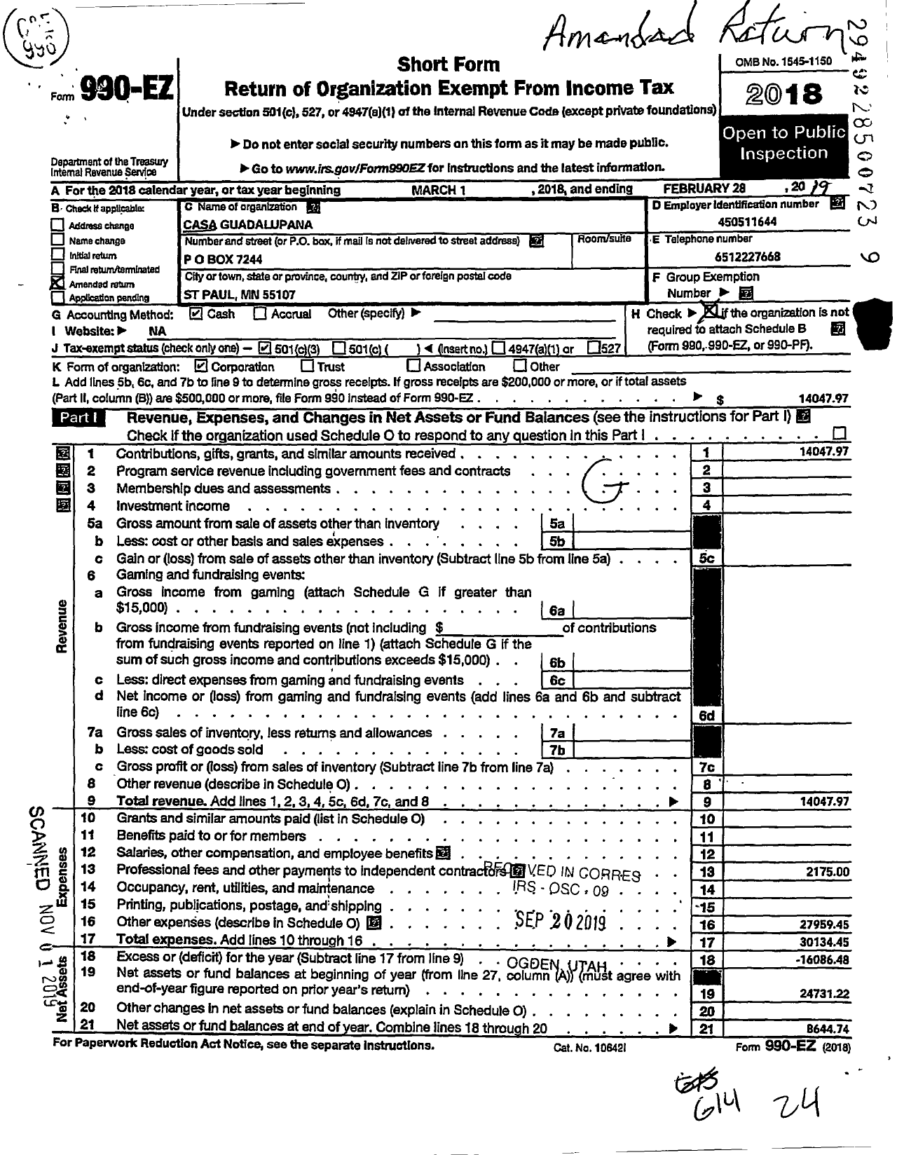 Image of first page of 2018 Form 990EZ for Casa Guadalupana