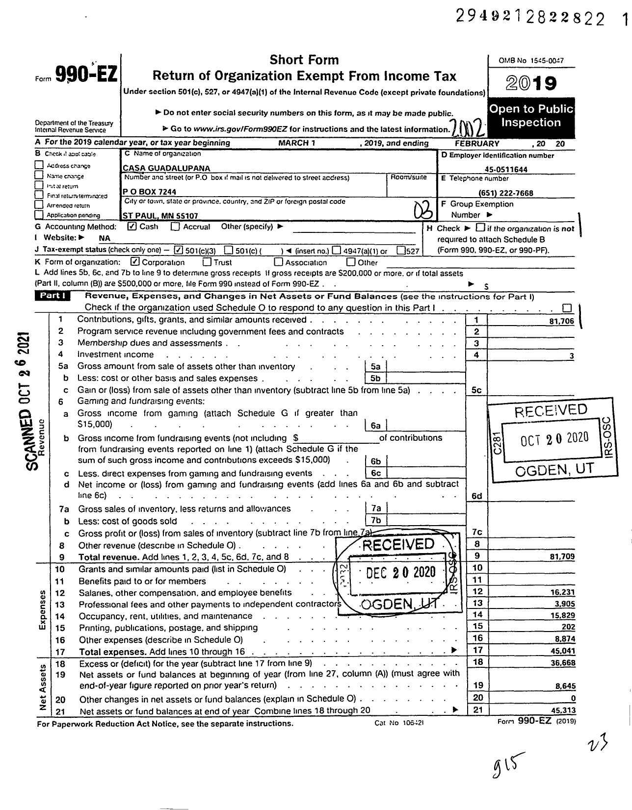 Image of first page of 2019 Form 990EZ for Casa Guadalupana