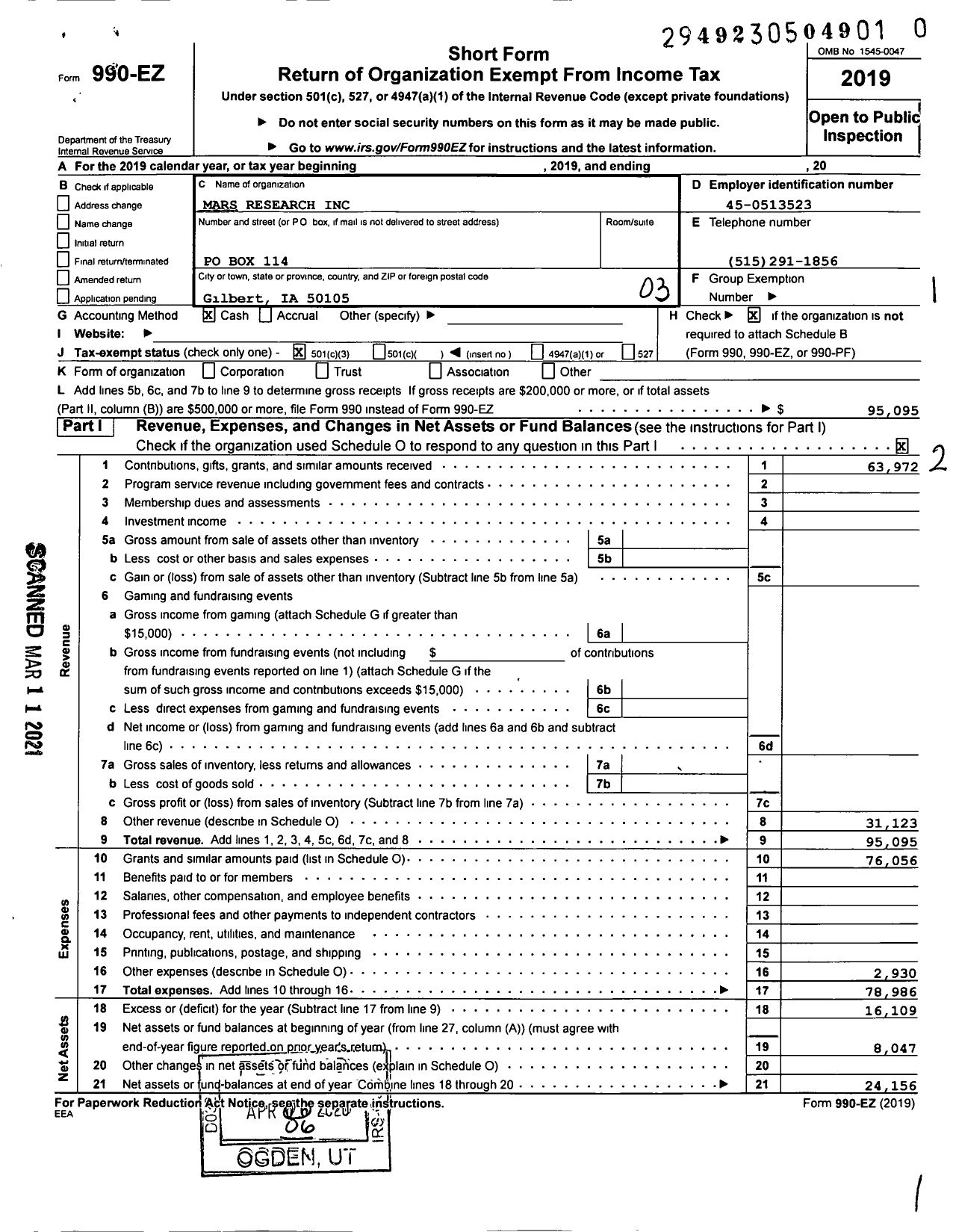 Image of first page of 2019 Form 990EZ for Mars Research