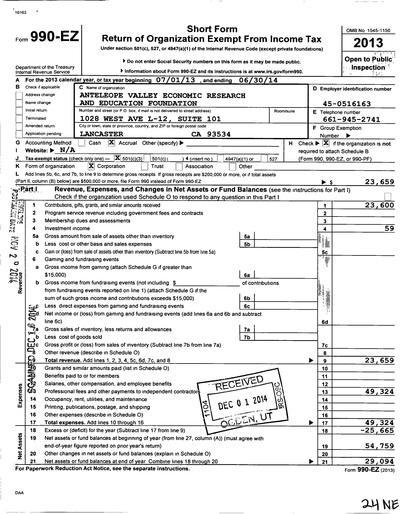 Image of first page of 2013 Form 990EZ for Antelope Valley Economic Research and Education Foundation