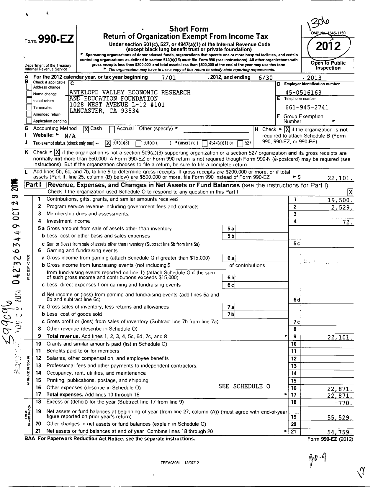 Image of first page of 2012 Form 990EZ for Antelope Valley Economic Research and Education Foundation