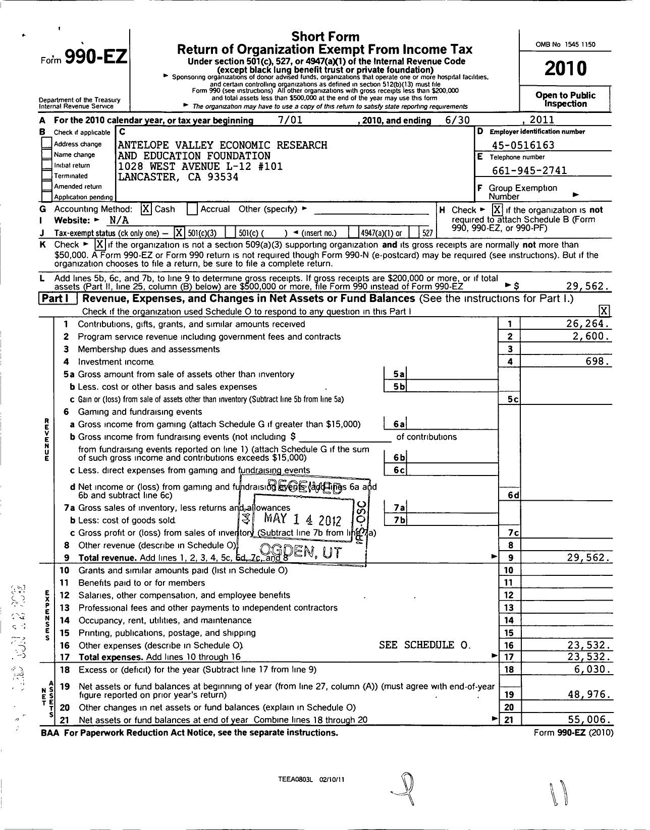 Image of first page of 2010 Form 990EZ for Antelope Valley Economic Research and Education Foundation