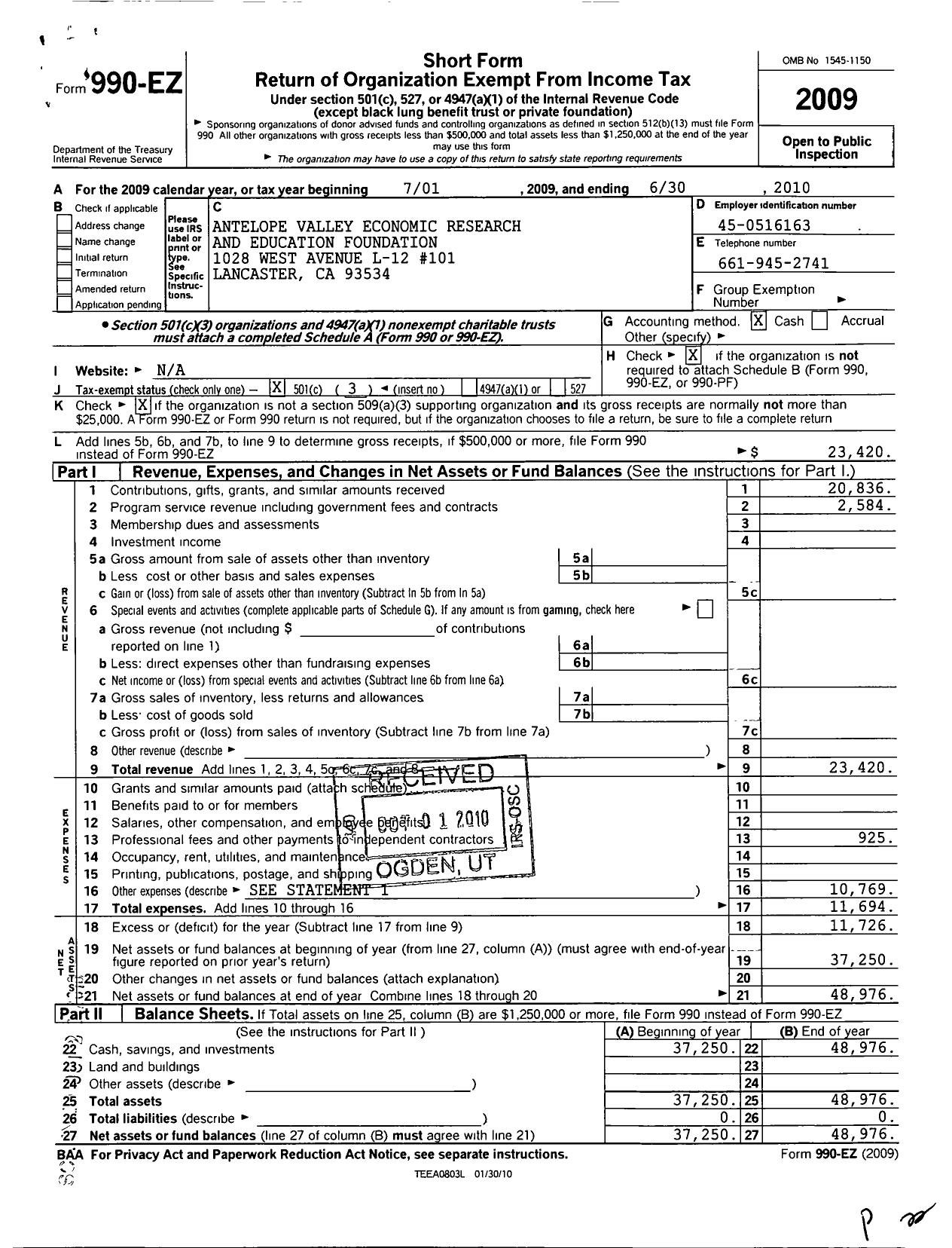 Image of first page of 2009 Form 990EZ for Antelope Valley Economic Research and Education Foundation