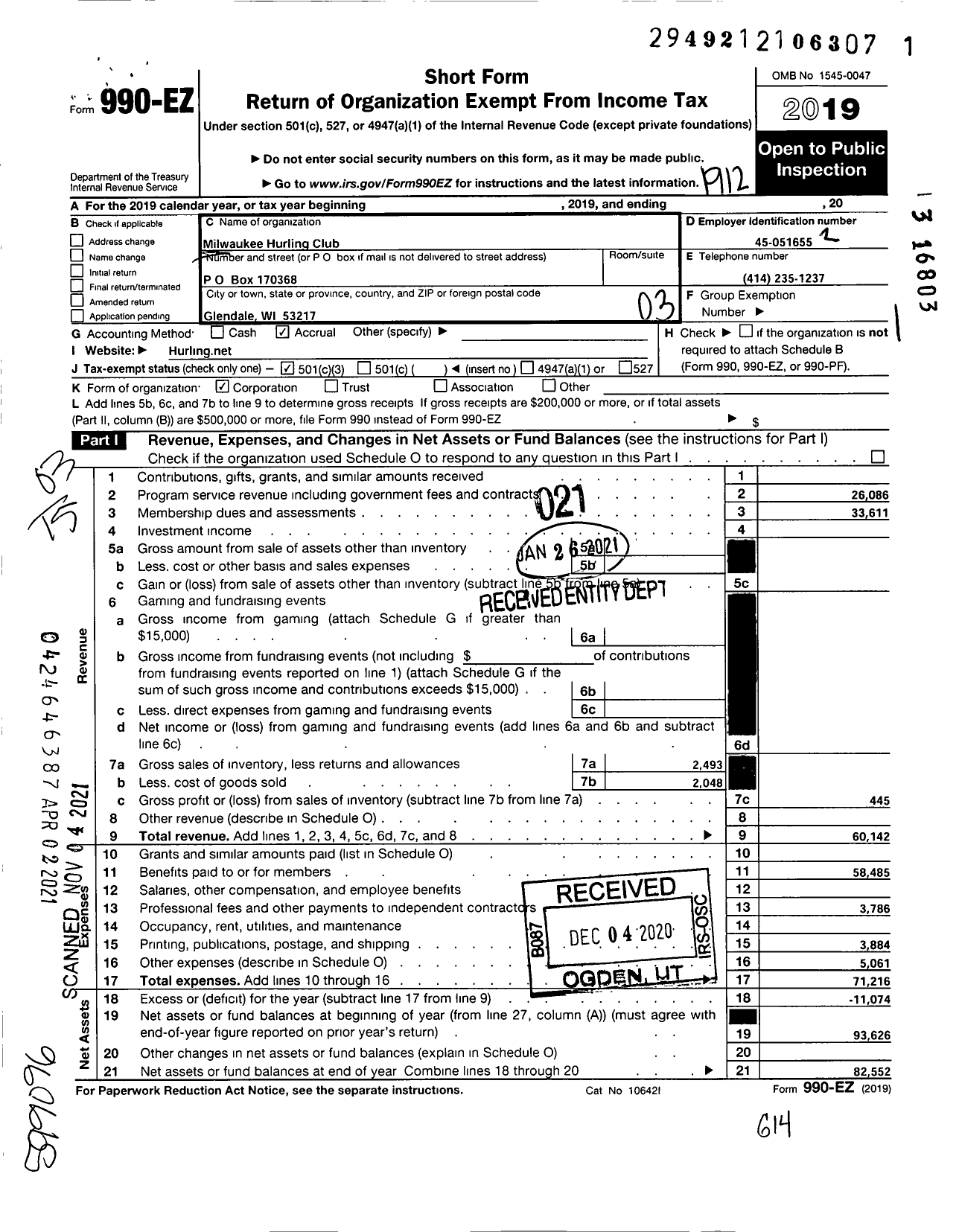 Image of first page of 2019 Form 990EZ for The Milwaukee Hurling Club