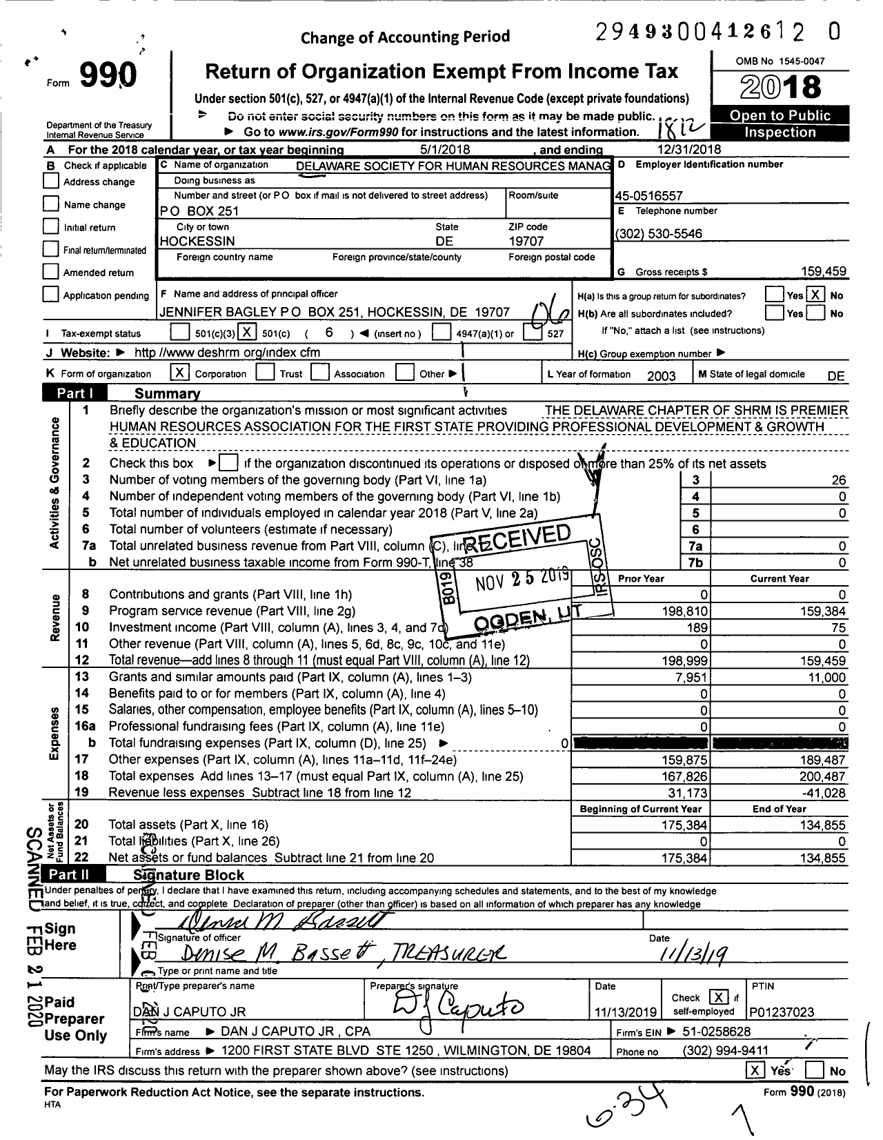 Image of first page of 2018 Form 990O for Delaware Society for Human Resources Management