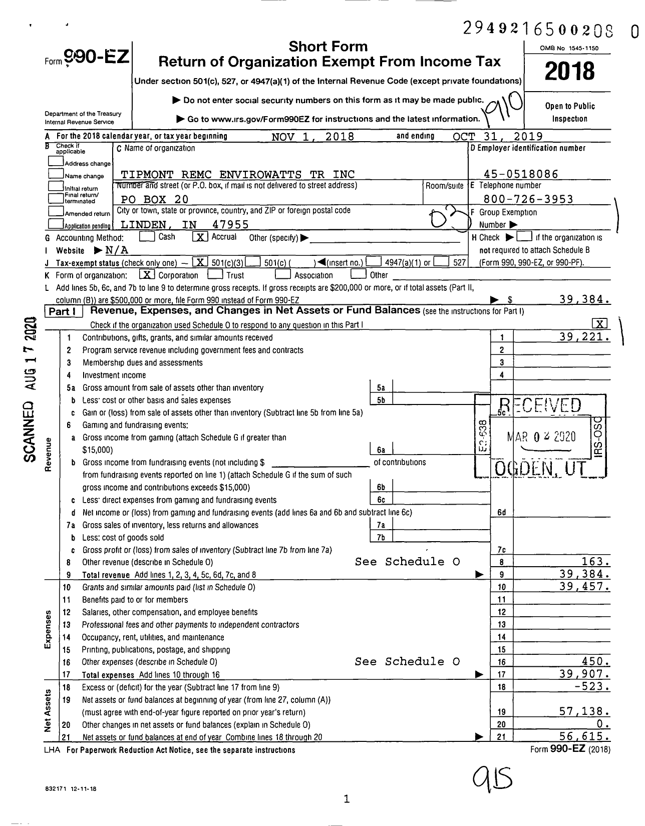 Image of first page of 2018 Form 990EZ for Tipmont Remc Envirowatts Trust