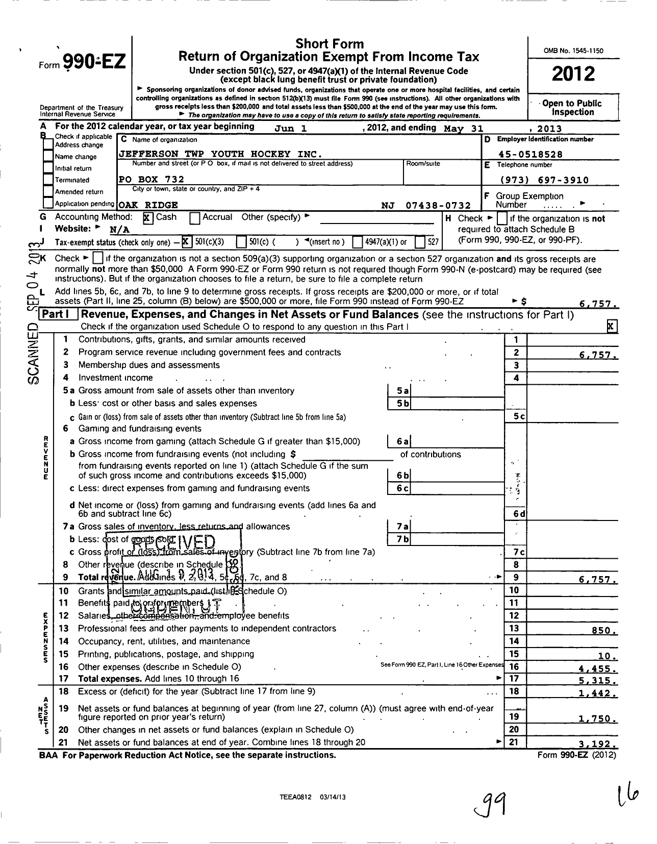 Image of first page of 2012 Form 990EZ for Jefferson Township Youth Hockey