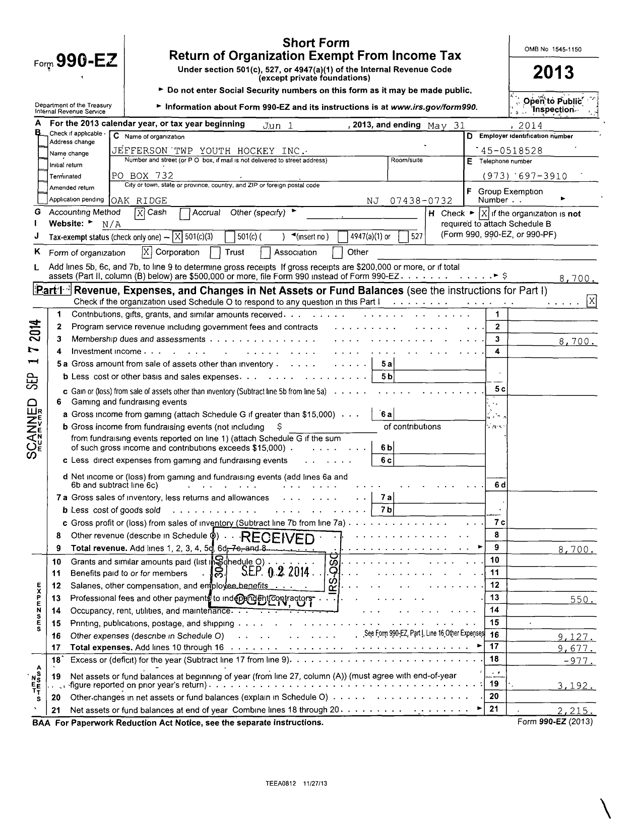 Image of first page of 2013 Form 990EZ for Jefferson Township Youth Hockey