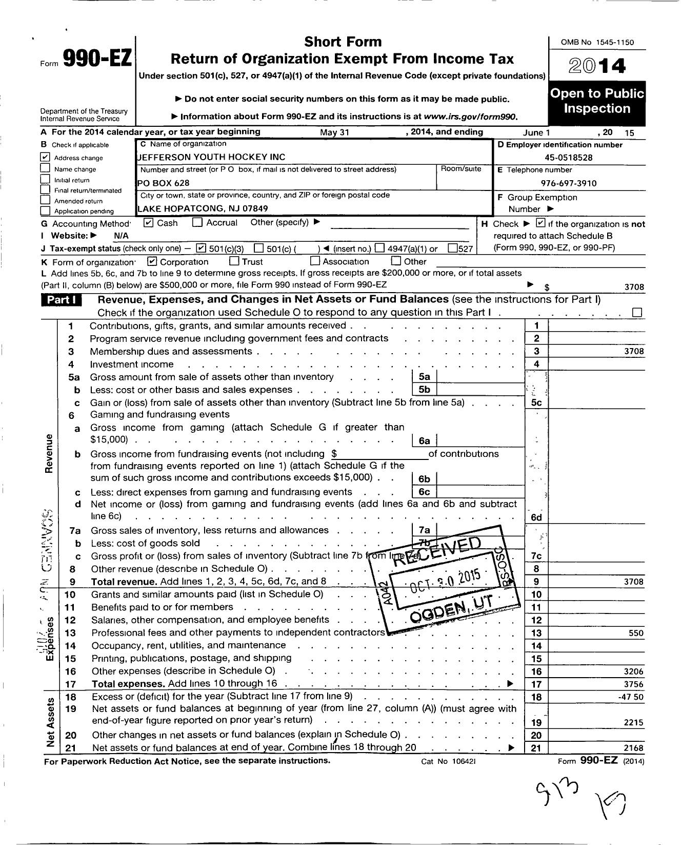 Image of first page of 2014 Form 990EZ for Jefferson Township Youth Hockey