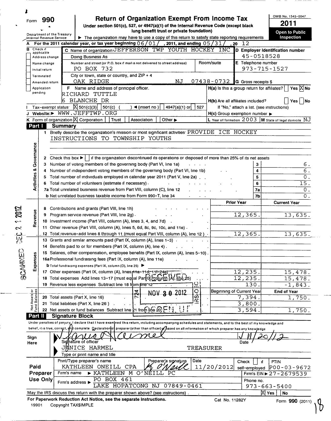 Image of first page of 2011 Form 990 for Jefferson Township Youth Hockey