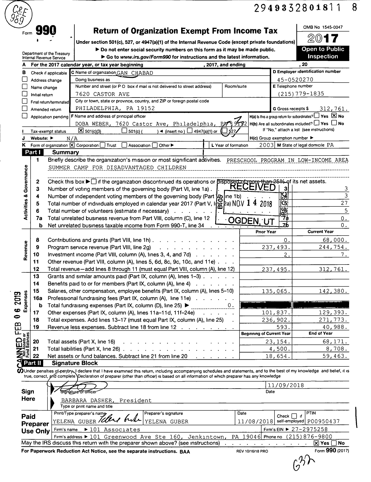 Image of first page of 2017 Form 990 for Gan Chabad