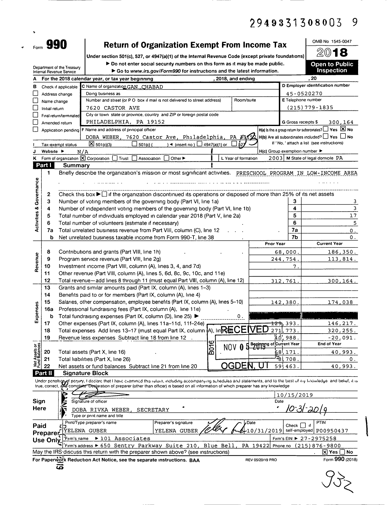 Image of first page of 2018 Form 990 for Gan Chabad