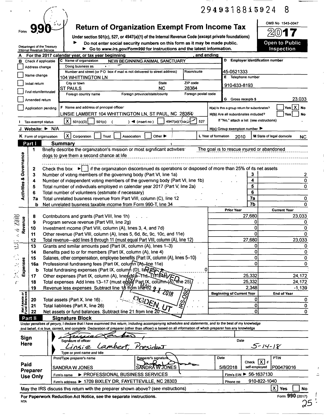 Image of first page of 2017 Form 990 for New Beginings Animal Sanctuary