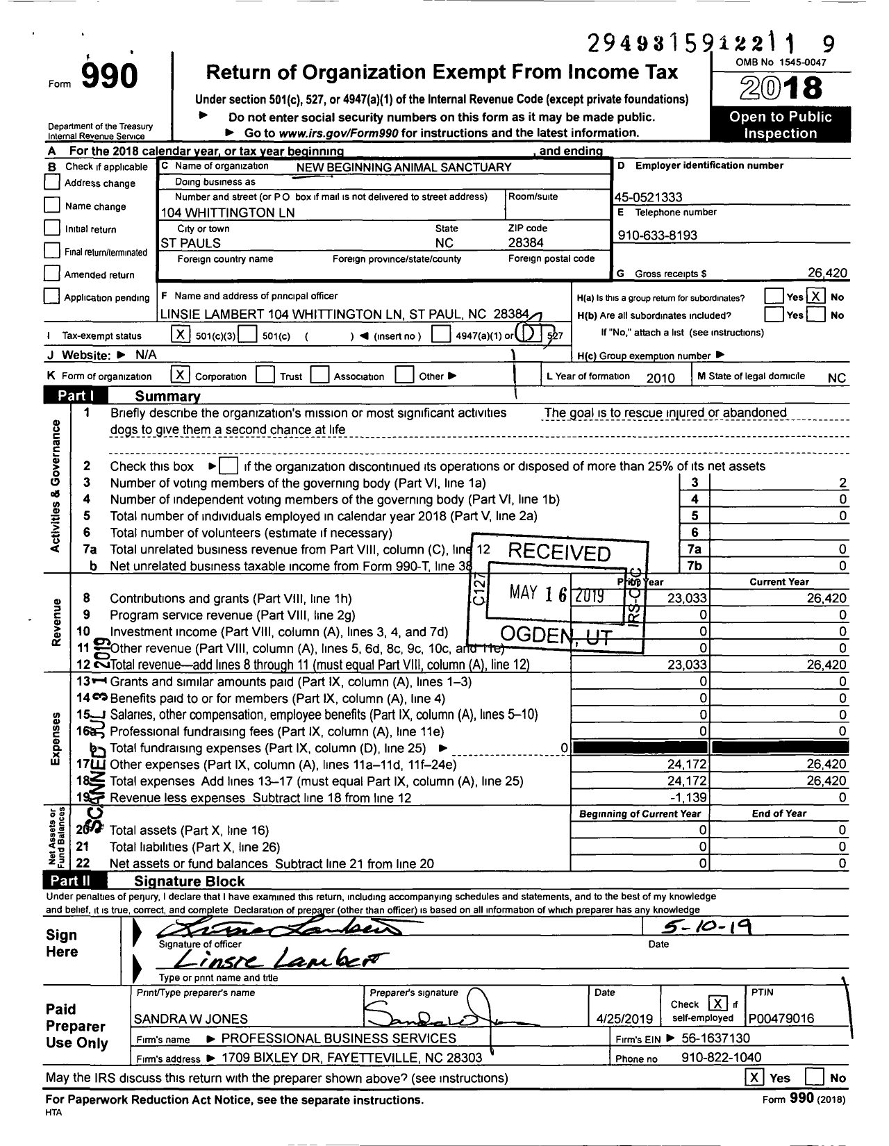 Image of first page of 2018 Form 990 for New Beginings Animal Sanctuary