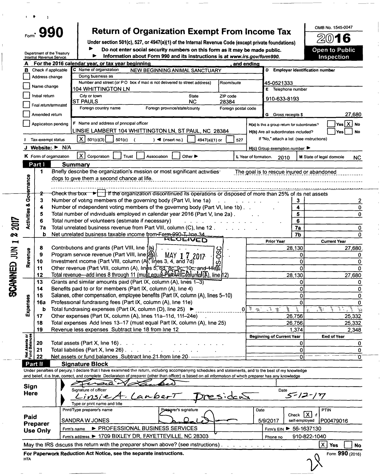 Image of first page of 2016 Form 990 for New Beginings Animal Sanctuary