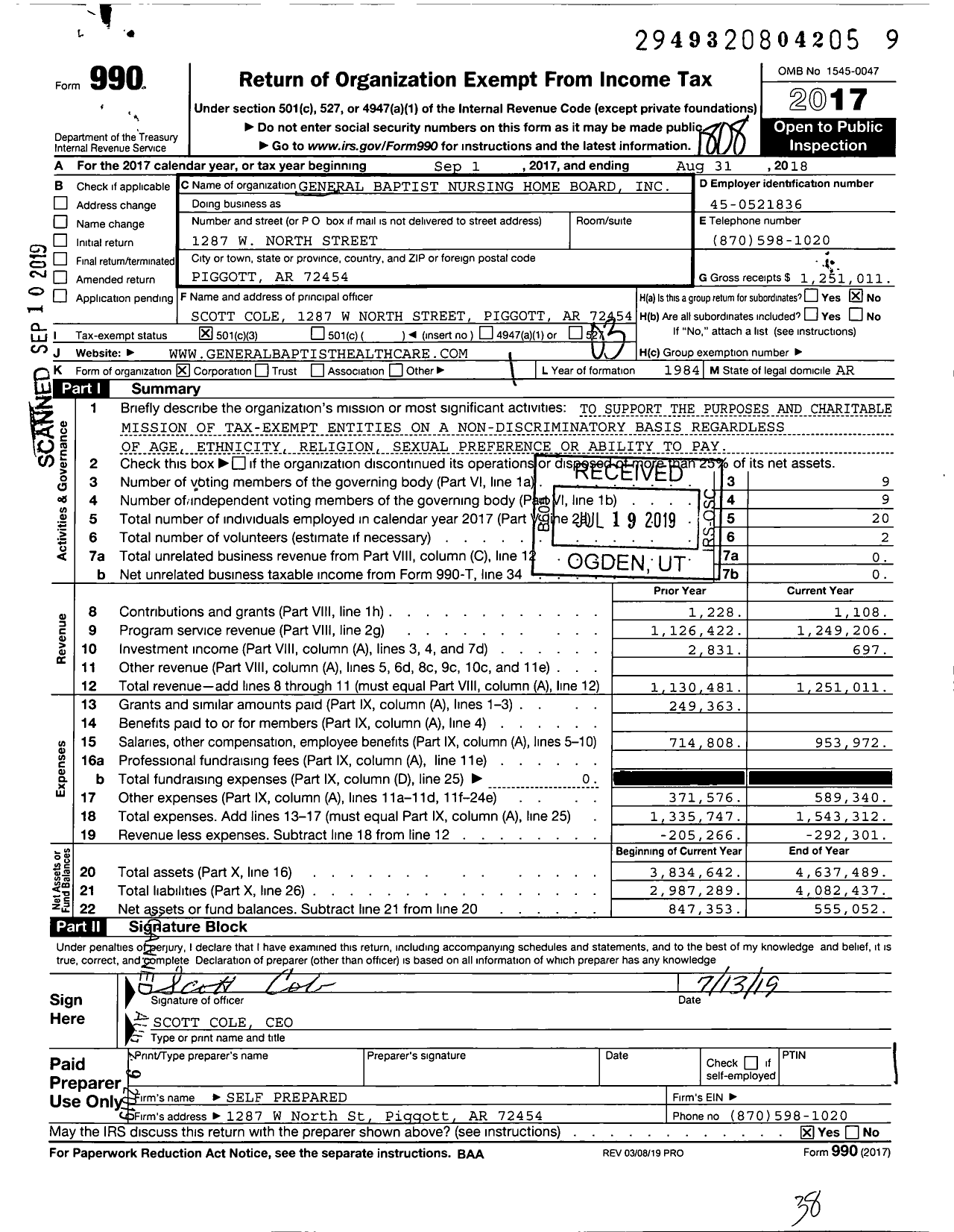 Image of first page of 2017 Form 990 for General Baptist Nursing Home Board