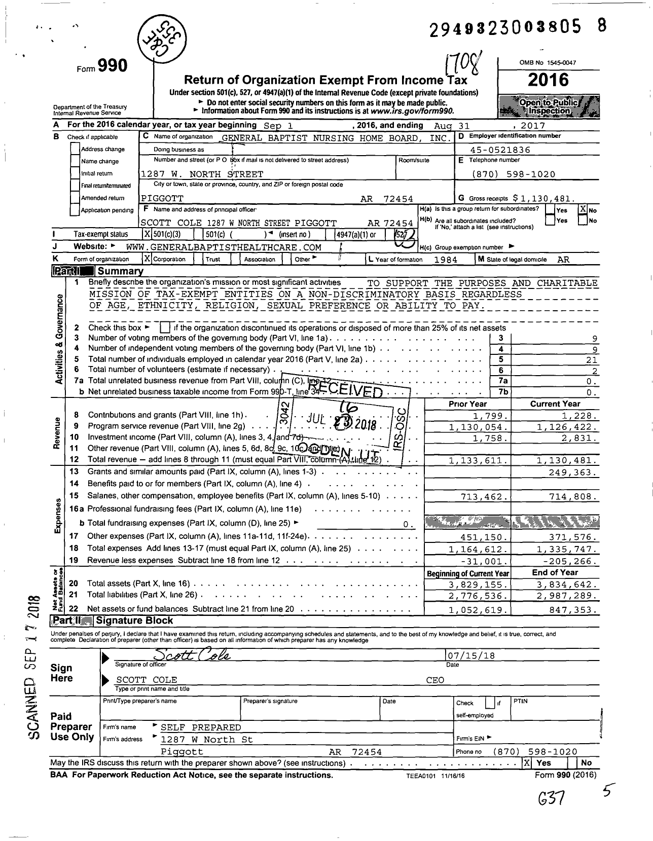 Image of first page of 2016 Form 990 for General Baptist Nursing Home Board