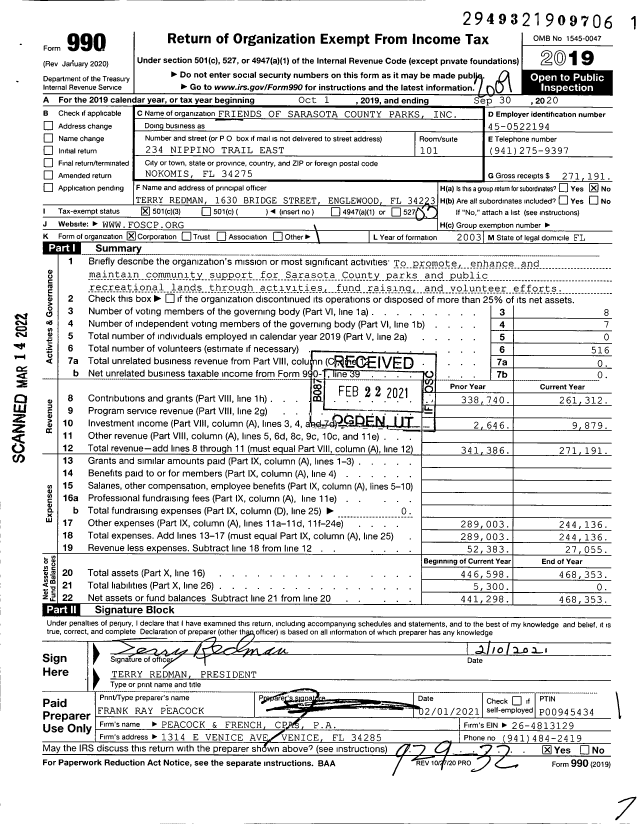 Image of first page of 2019 Form 990 for Friends of Sarasota County Parks