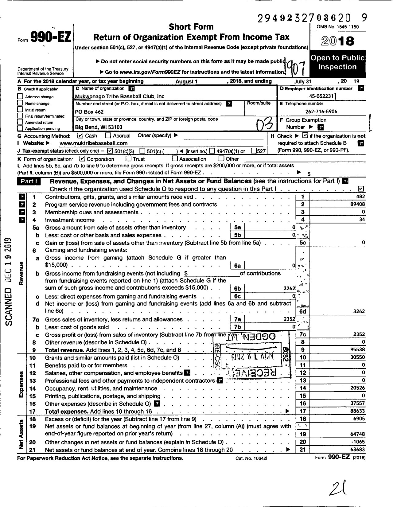 Image of first page of 2018 Form 990EZ for Mukwonago Tribe Baseball Club